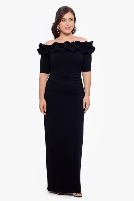 Plus "Isla" Long Crepe Off the Shoulder Ruffle Dress sold by Xscape