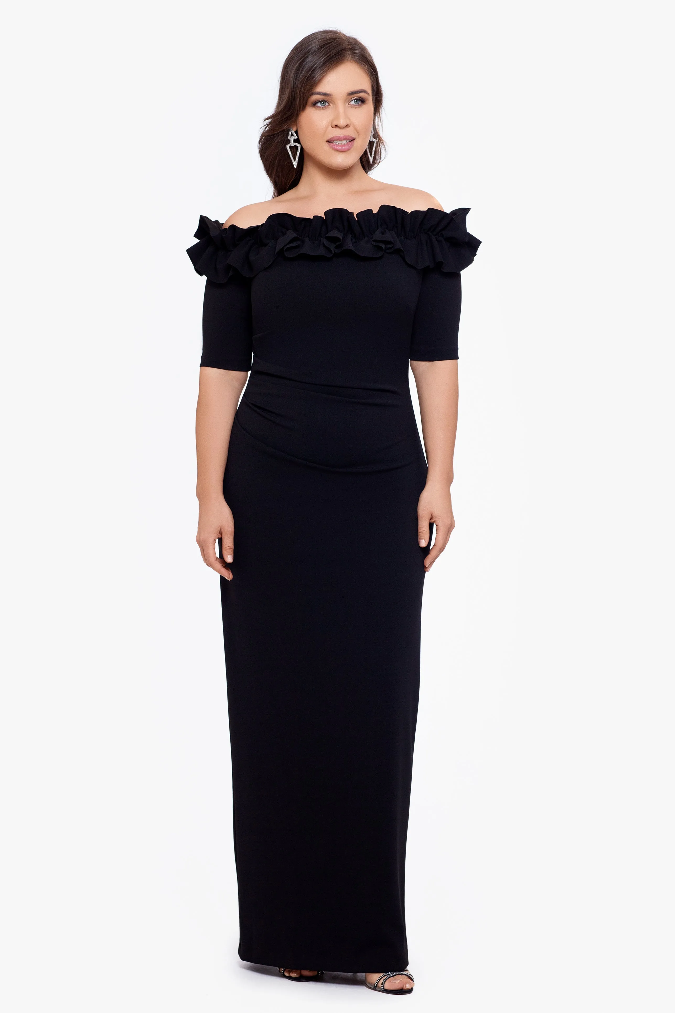 Plus "Isla" Long Crepe Off the Shoulder Ruffle Dress sold by Xscape