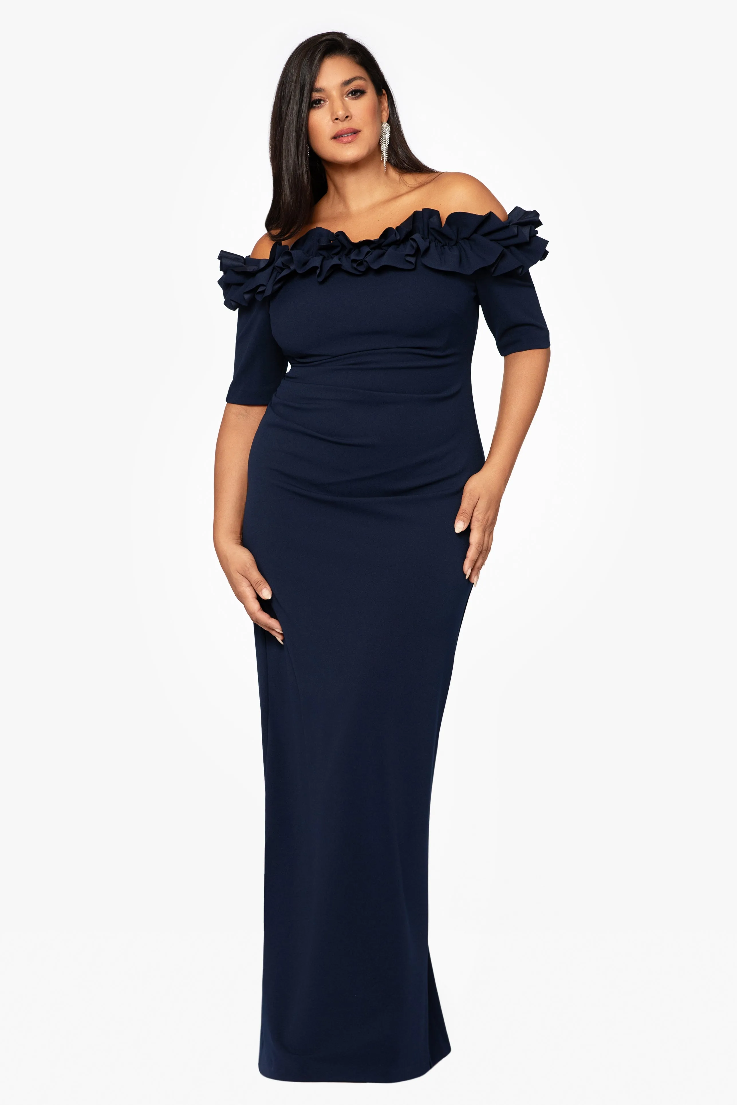 Plus "Isla" Long Crepe Off the Shoulder Ruffle Dress sold by Xscape product image thumbnail 3