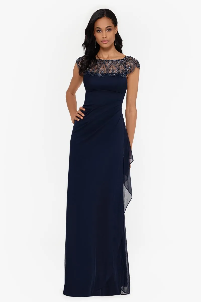"Paisley" Jersey Knit Beaded Mesh Gown sold by Xscape