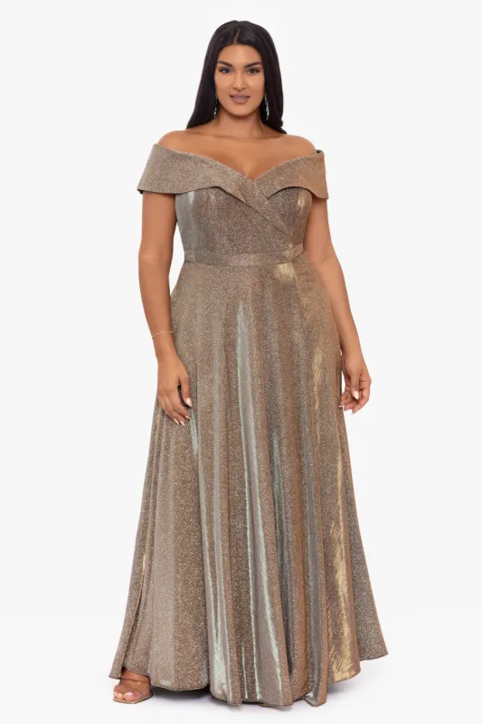 Plus "Estelle" Off The Shoulder Long Glitter Dress sold by Xscape
