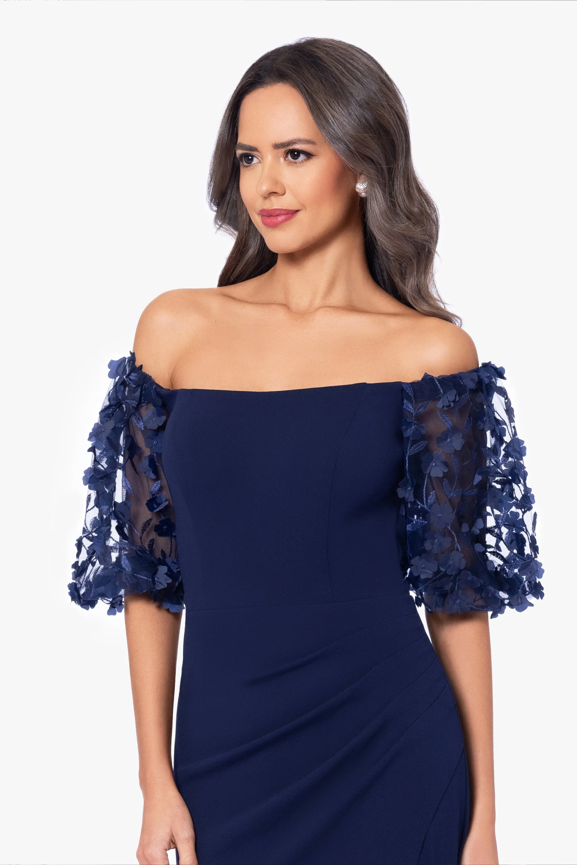 Petite "Melanie" 3D Floral Sleeve Scuba Crepe Gown sold by Xscape product image thumbnail 4