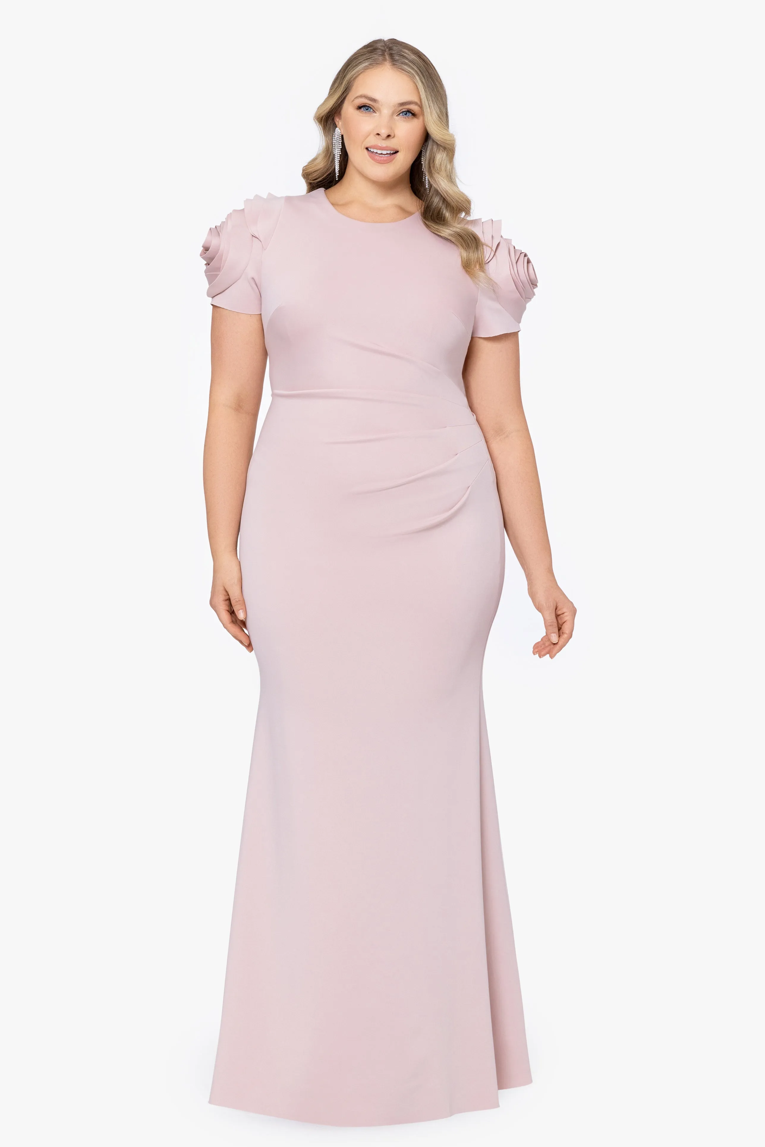 Plus "Cami" Long Scuba Crepe with Flower Shoulder Dress sold by Xscape