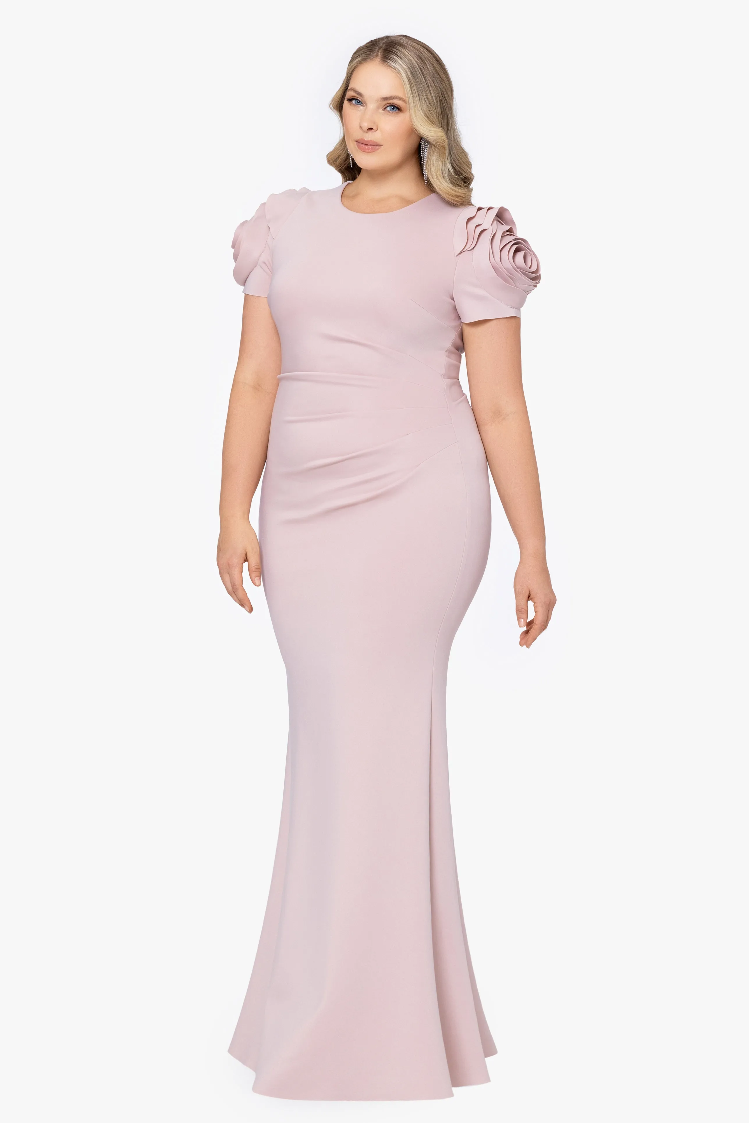 Plus "Cami" Long Scuba Crepe with Flower Shoulder Dress sold by Xscape product image thumbnail 3