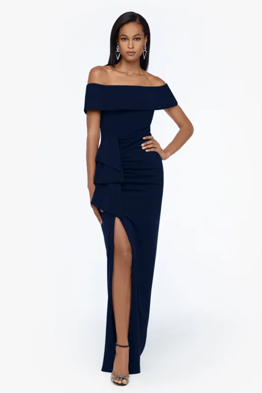 Petite "Camila" Long Off the Shoulder Scuba Crepe Dress sold by Xscape