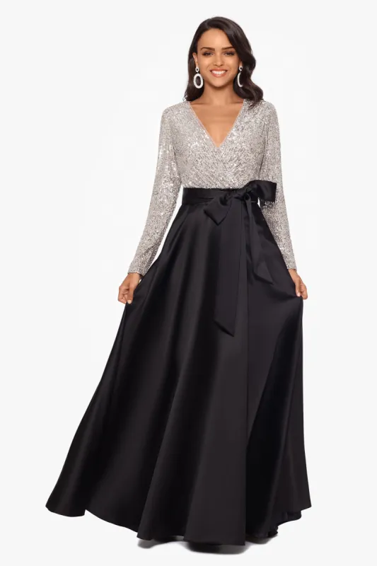 "Dixie" V-Neck Long Sleeve Sequin Top Waistband with Bow Gown sold by Xscape