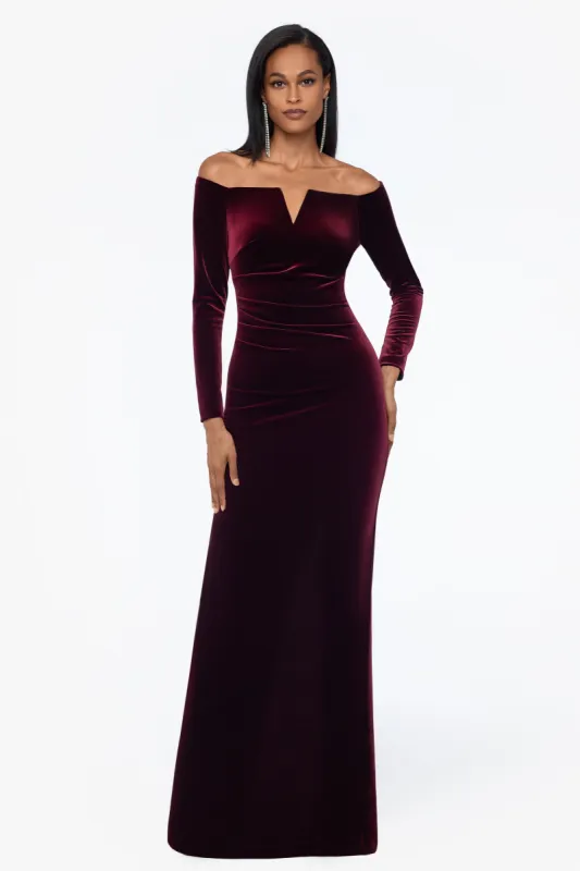 Petite "Christy" Long Off the Shoulder Velvet Dress sold by Xscape