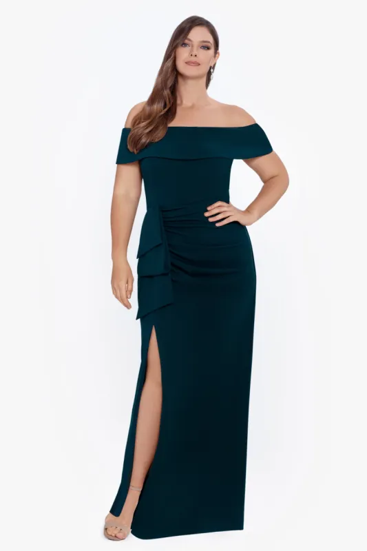Plus "Camila" Long Off the Shoulder Slit Gown sold by Xscape