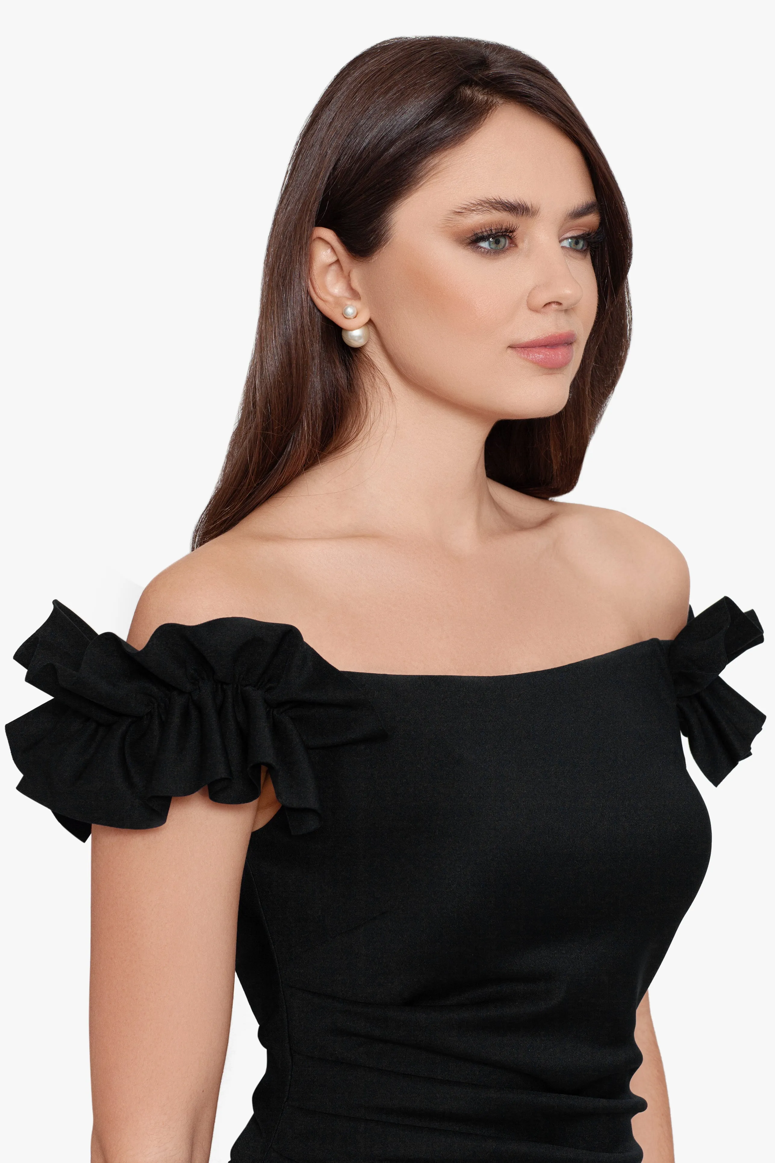 "Maggie" Long Scuba Crepe Ruched Off the Shoulder Dress sold by Xscape product image thumbnail 3