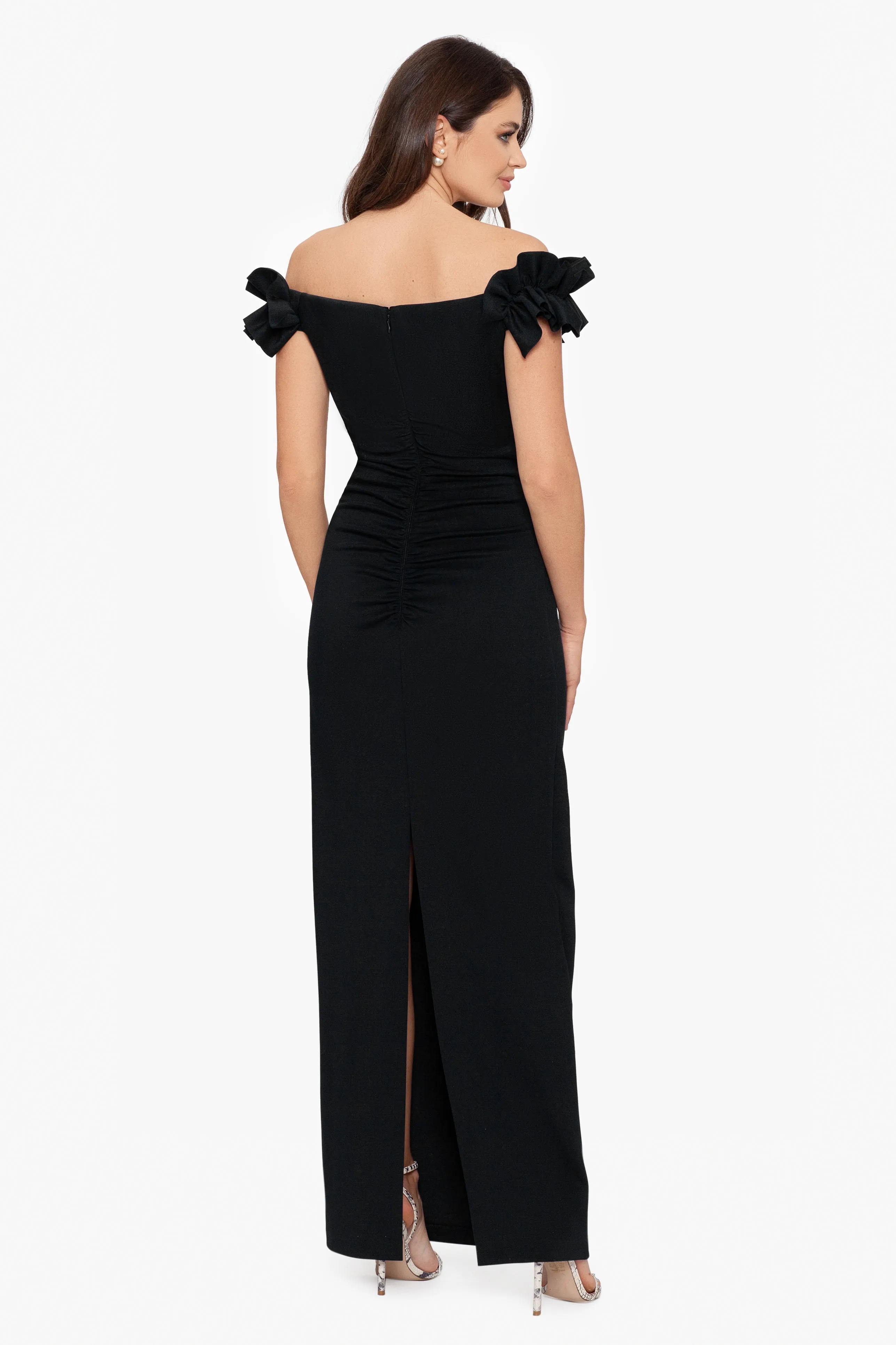 "Maggie" Long Scuba Crepe Ruched Off the Shoulder Dress sold by Xscape product image thumbnail 2