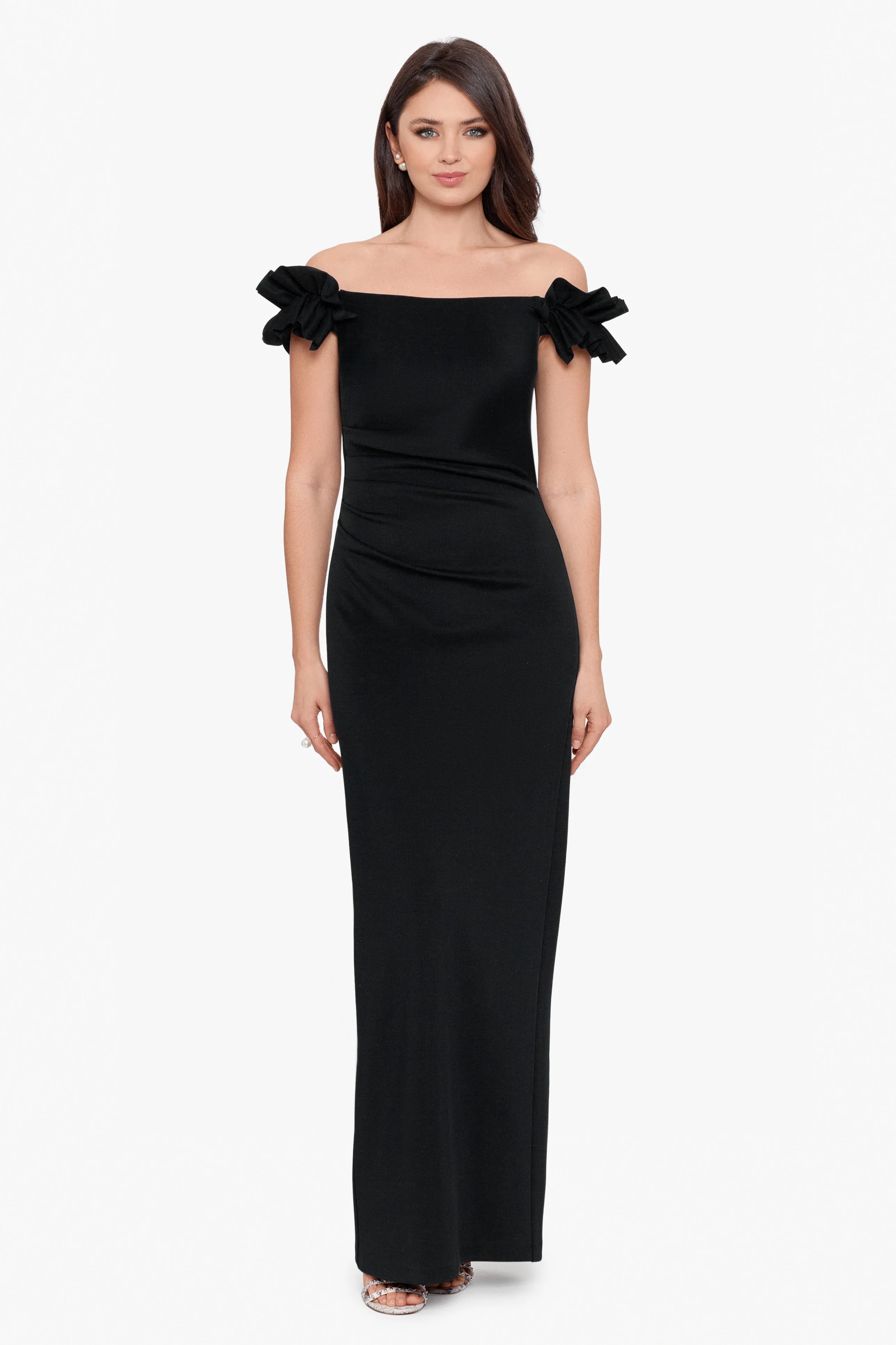 "Maggie" Long Scuba Crepe Ruched Off the Shoulder Dress sold by Xscape