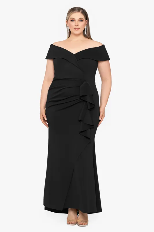 Plus "Patti" Long Off the Shoulder Scuba Crepe Dress sold by Xscape