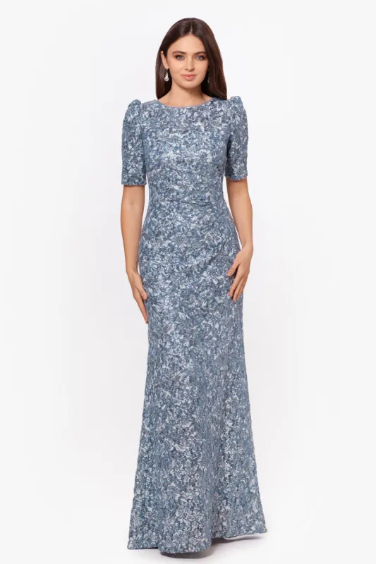 "Brielle" Long Lace Sequin Side Ruched Dress sold by Xscape