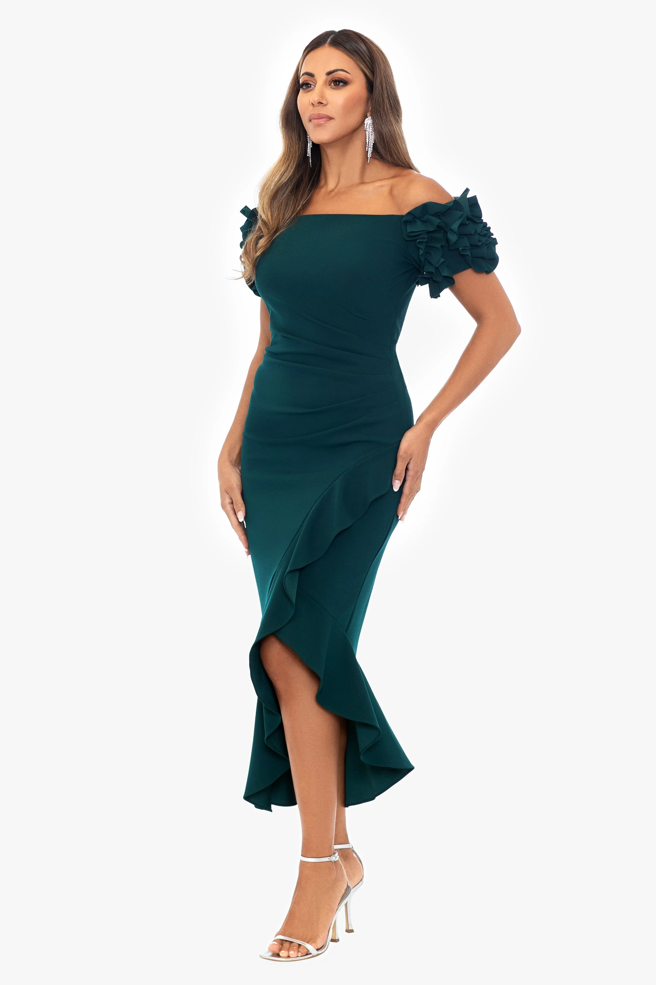 "Loretta" Scuba Crepe Off the Shoulder Ruffle Sleeve Midi Dress sold by Xscape product image thumbnail 3