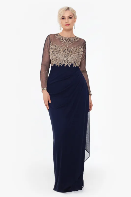 Plus "Noah" Long Sleeve Sheer Matte Jersey Ruched Back Dress sold by Xscape