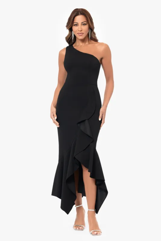 "Sari" Long One Shoulder Ruffle Dress sold by Xscape