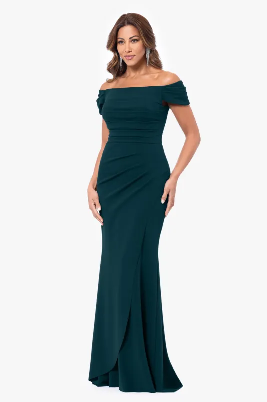 "Dani" Long Scuba Crepe Off the Shoulder Rouched Dress sold by Xscape