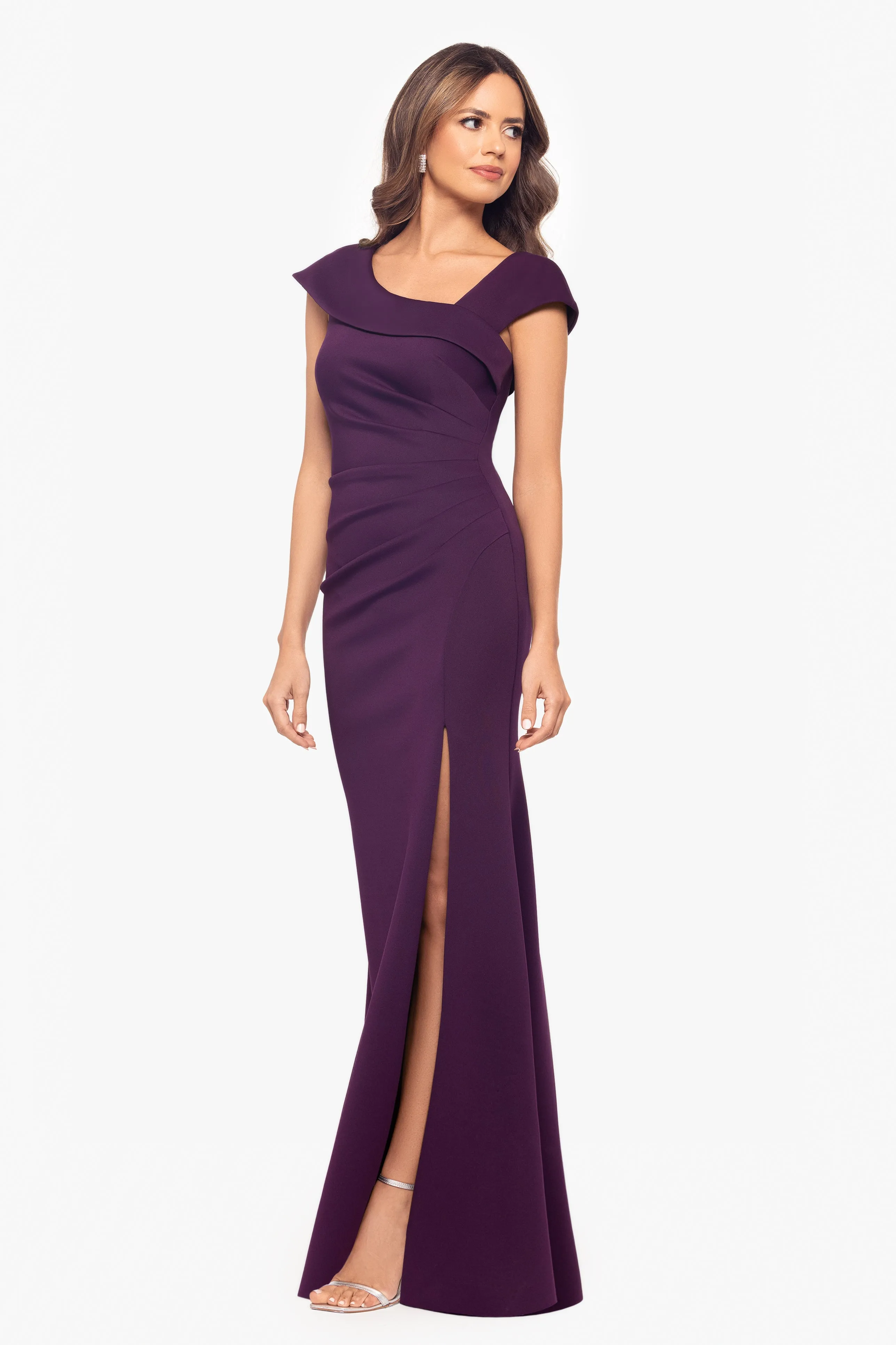 "Lenore " Long Asymmetrical Neckline Scuba Dress sold by Xscape product image thumbnail 3