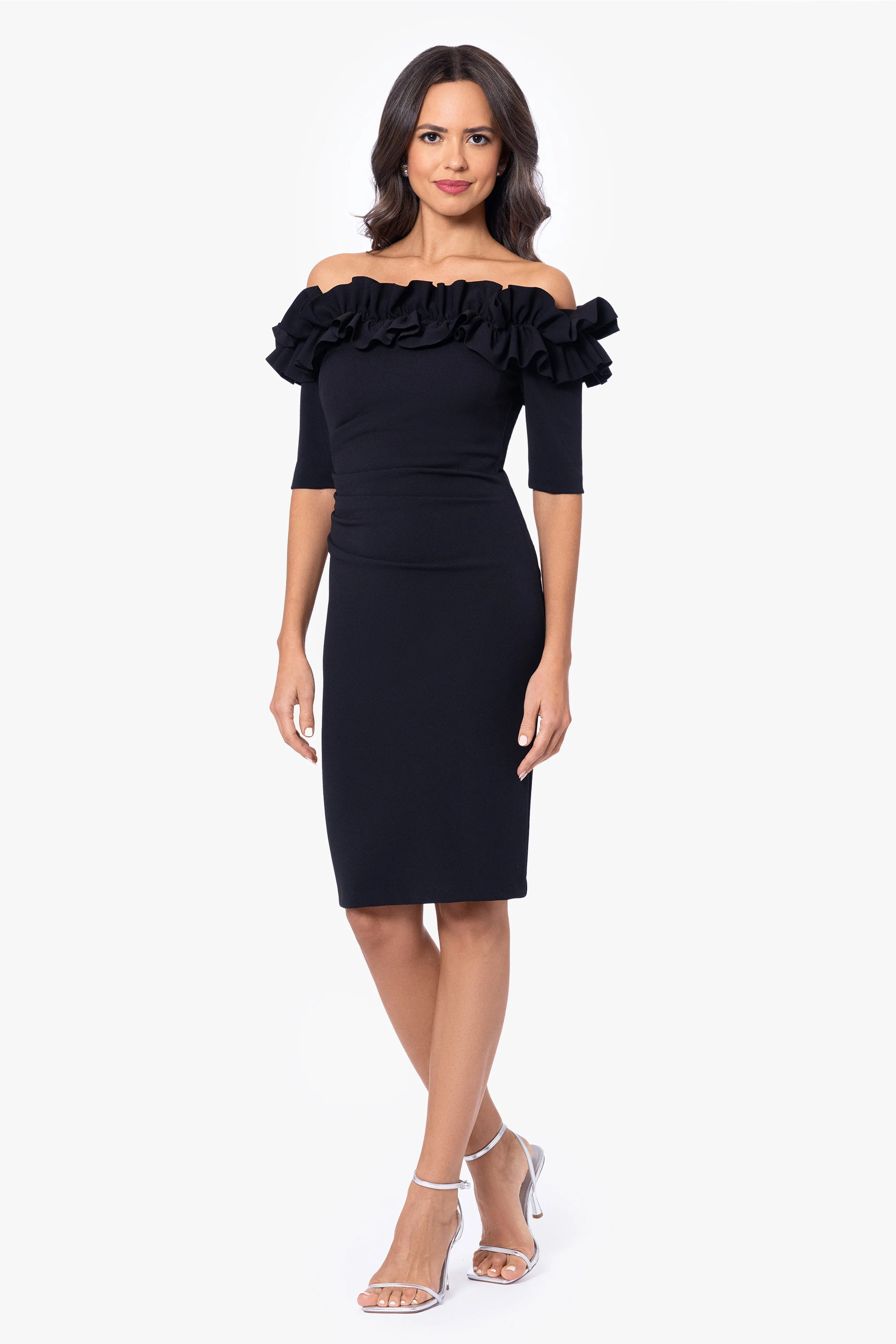 Petite "Brynleigh" Short Scuba Crepe Ruffle Top Dress sold by Xscape product image thumbnail 3
