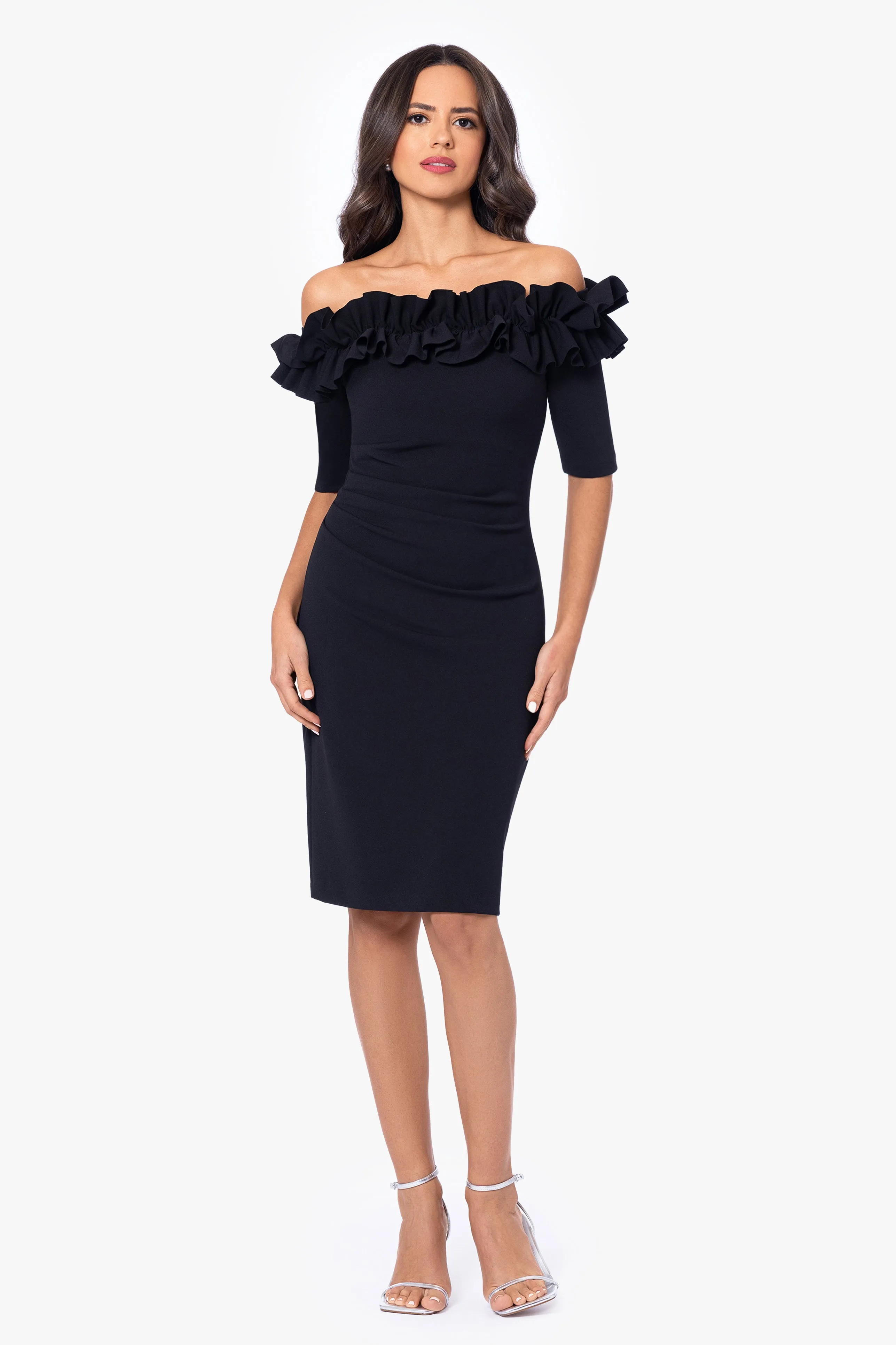 Petite "Brynleigh" Short Scuba Crepe Ruffle Top Dress sold by Xscape