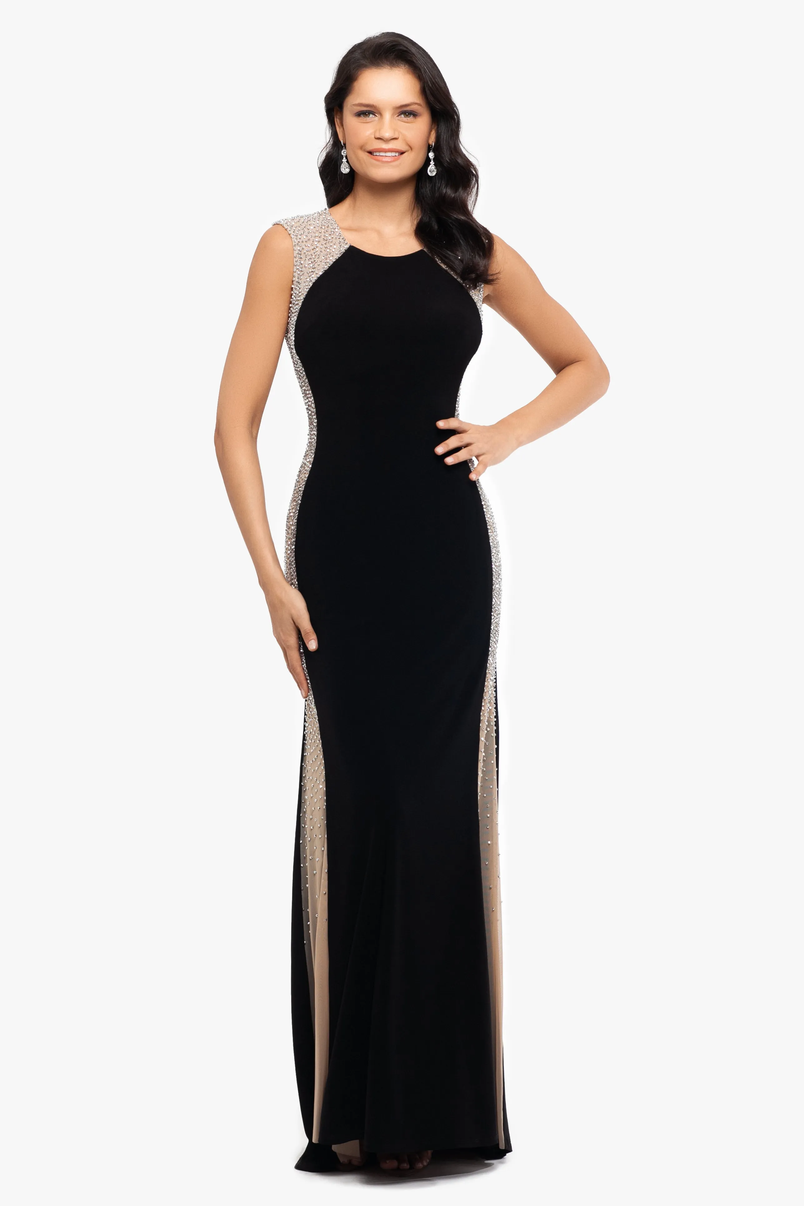 "Madison" Long Jersey Knit Caviar Beaded Sides Dress sold by Xscape