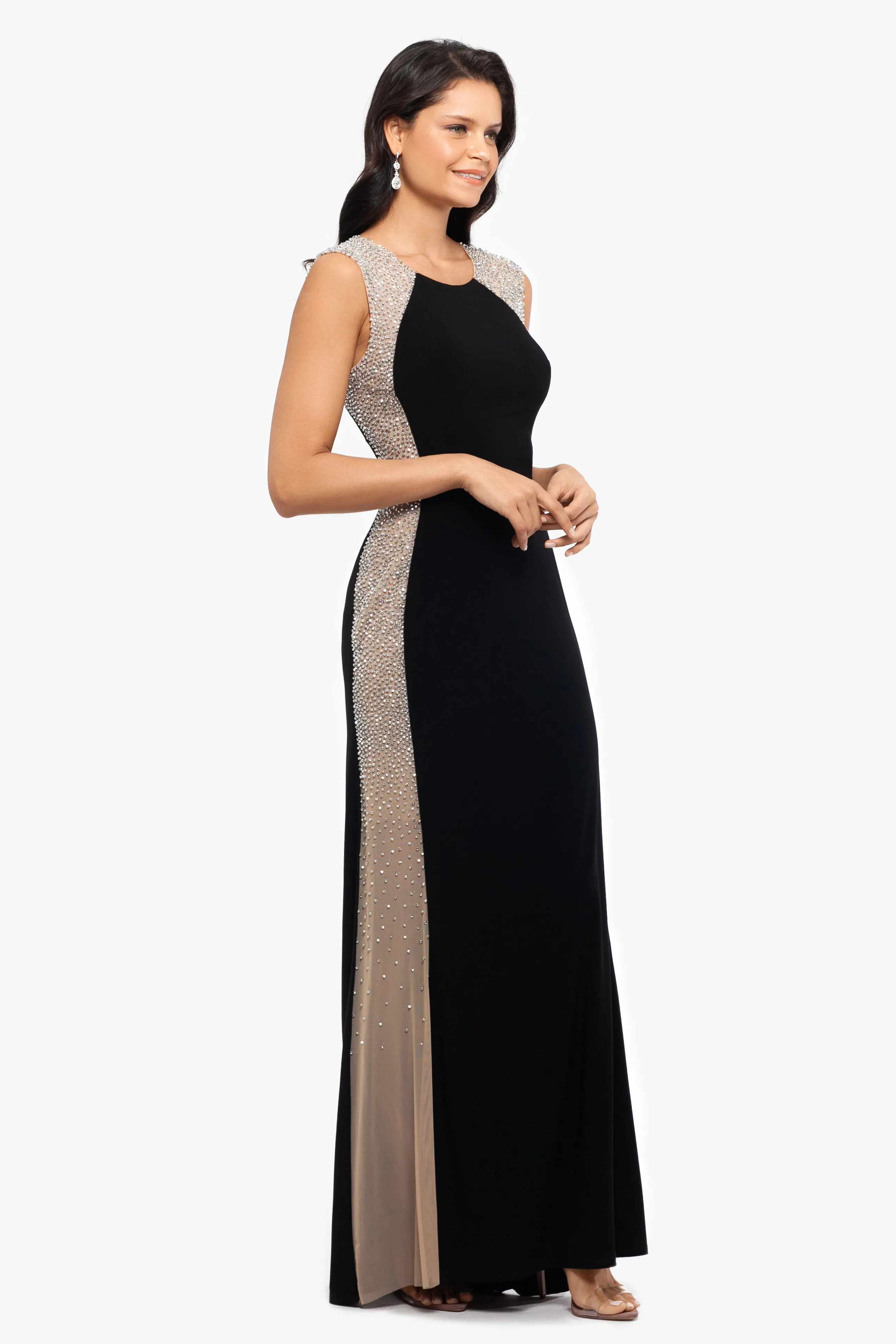 "Madison" Long Jersey Knit Caviar Beaded Sides Dress sold by Xscape product image thumbnail 3