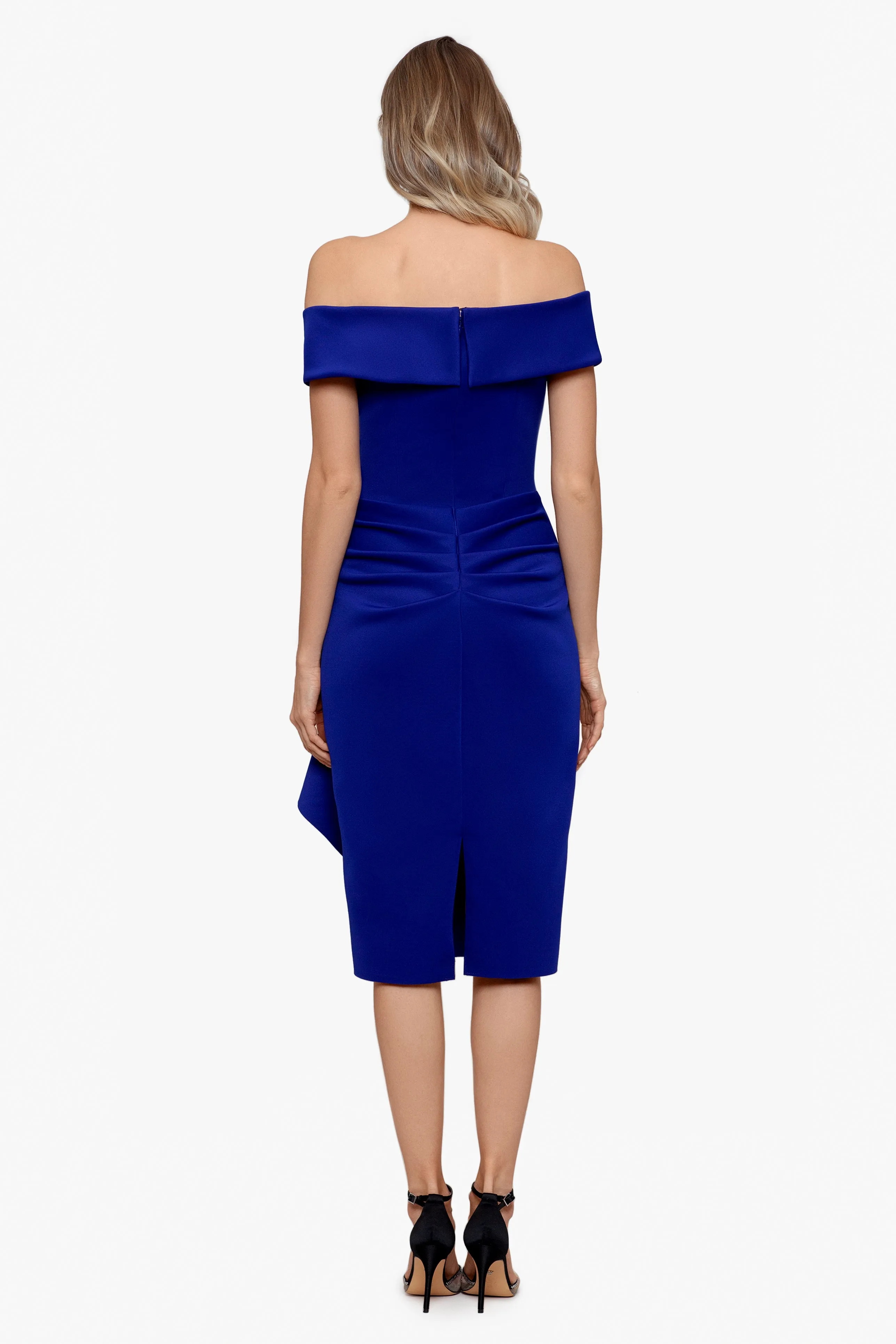 "Vanessa" Short Off The Shoulder Scuba Crepe Side Ruched Dress sold by Xscape product image thumbnail 2