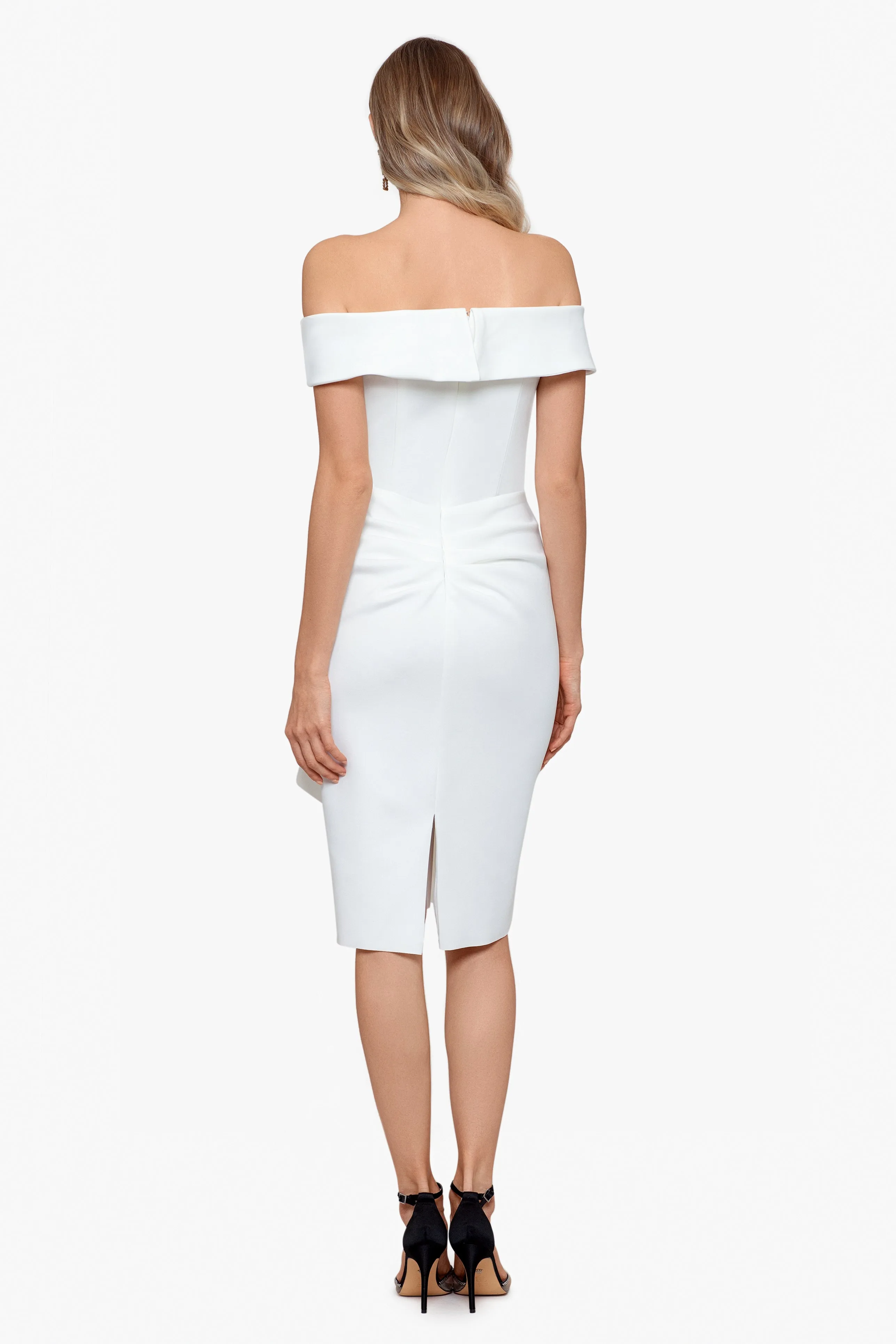 "Vanessa" Short Off The Shoulder Scuba Crepe Side Ruched Dress sold by Xscape product image thumbnail 4