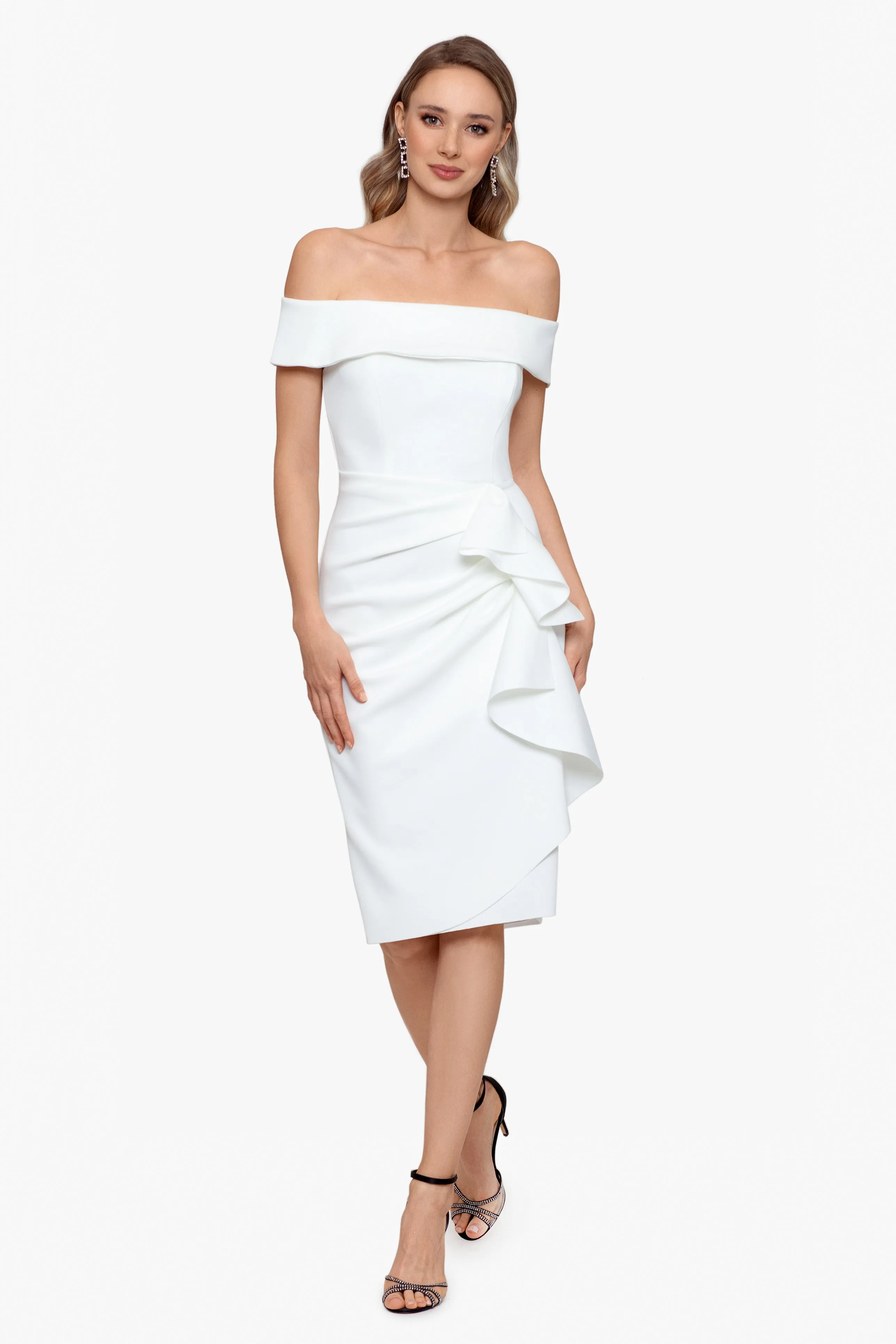 "Vanessa" Short Off The Shoulder Scuba Crepe Side Ruched Dress sold by Xscape product image thumbnail 3