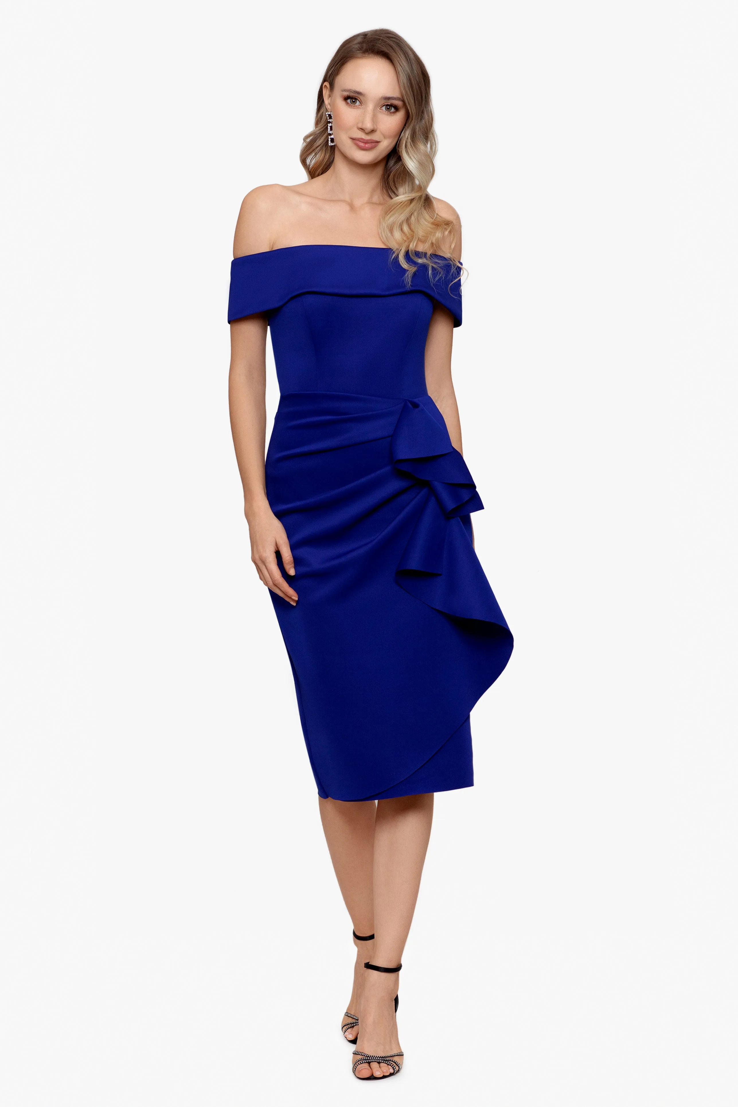"Vanessa" Short Off The Shoulder Scuba Crepe Side Ruched Dress sold by Xscape
