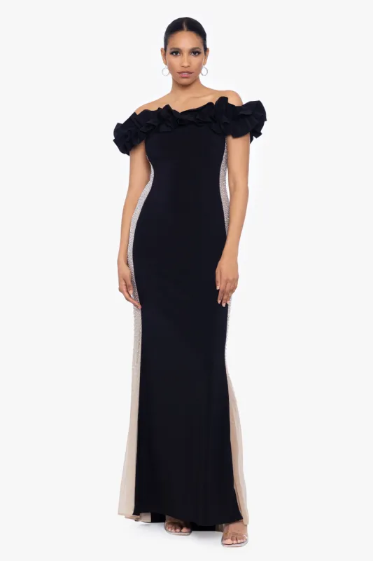 "Marianne" Long Jersey Knit Ruffle Dress with Mesh Panels sold by Xscape