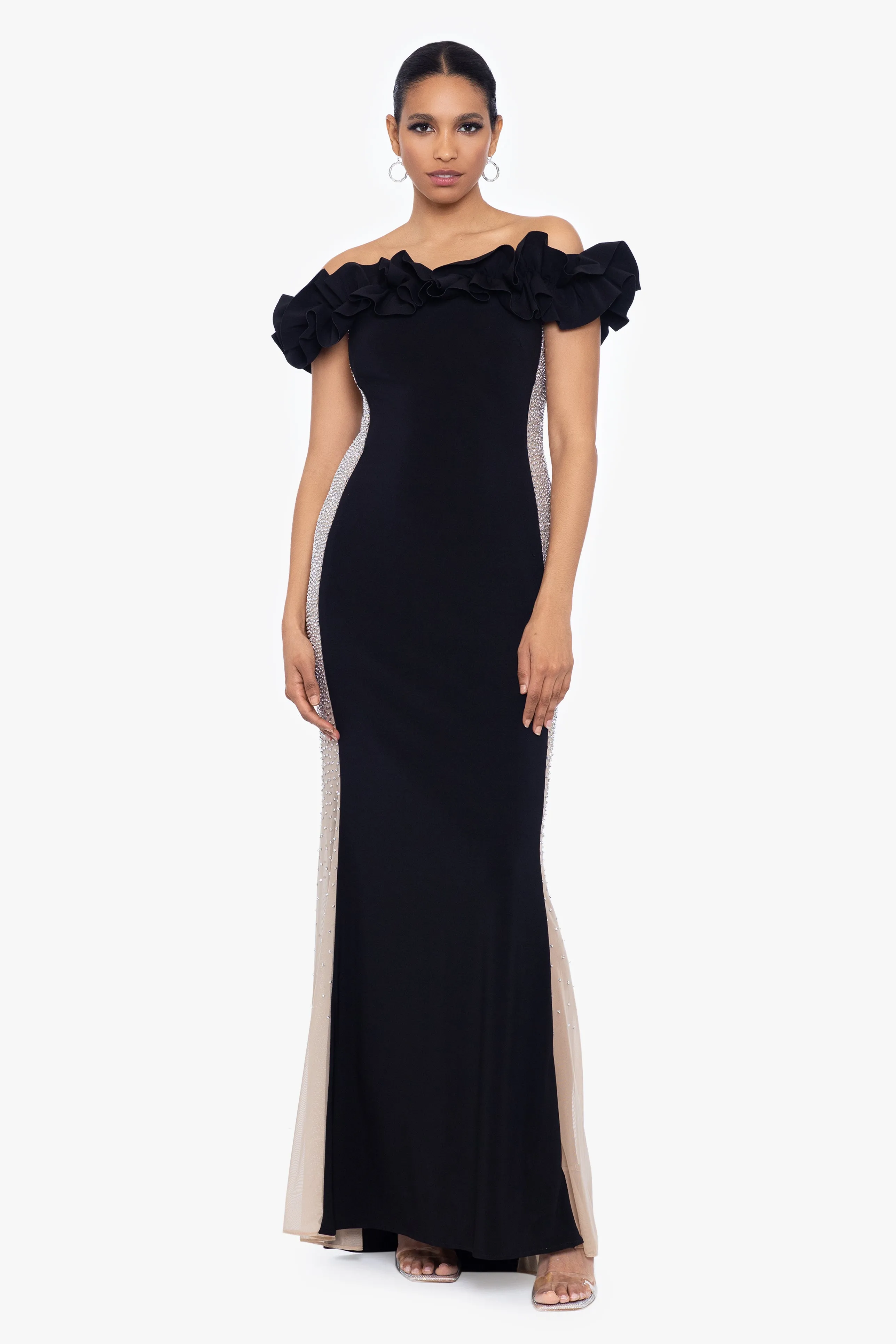 "Marianne" Long Jersey Knit Ruffle Dress with Mesh Panels sold by Xscape