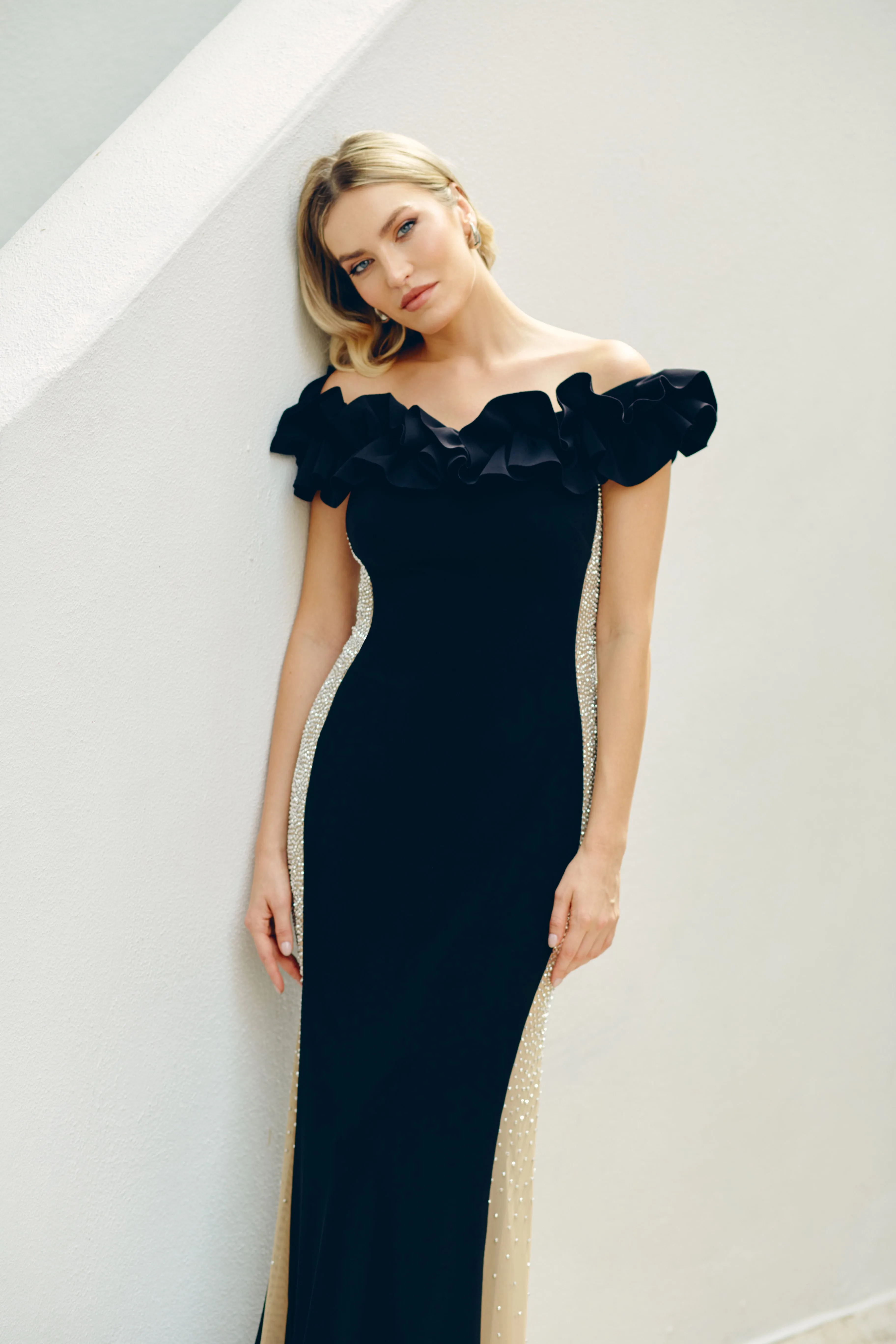 "Marianne" Long Jersey Knit Ruffle Dress with Mesh Panels sold by Xscape product image thumbnail 5