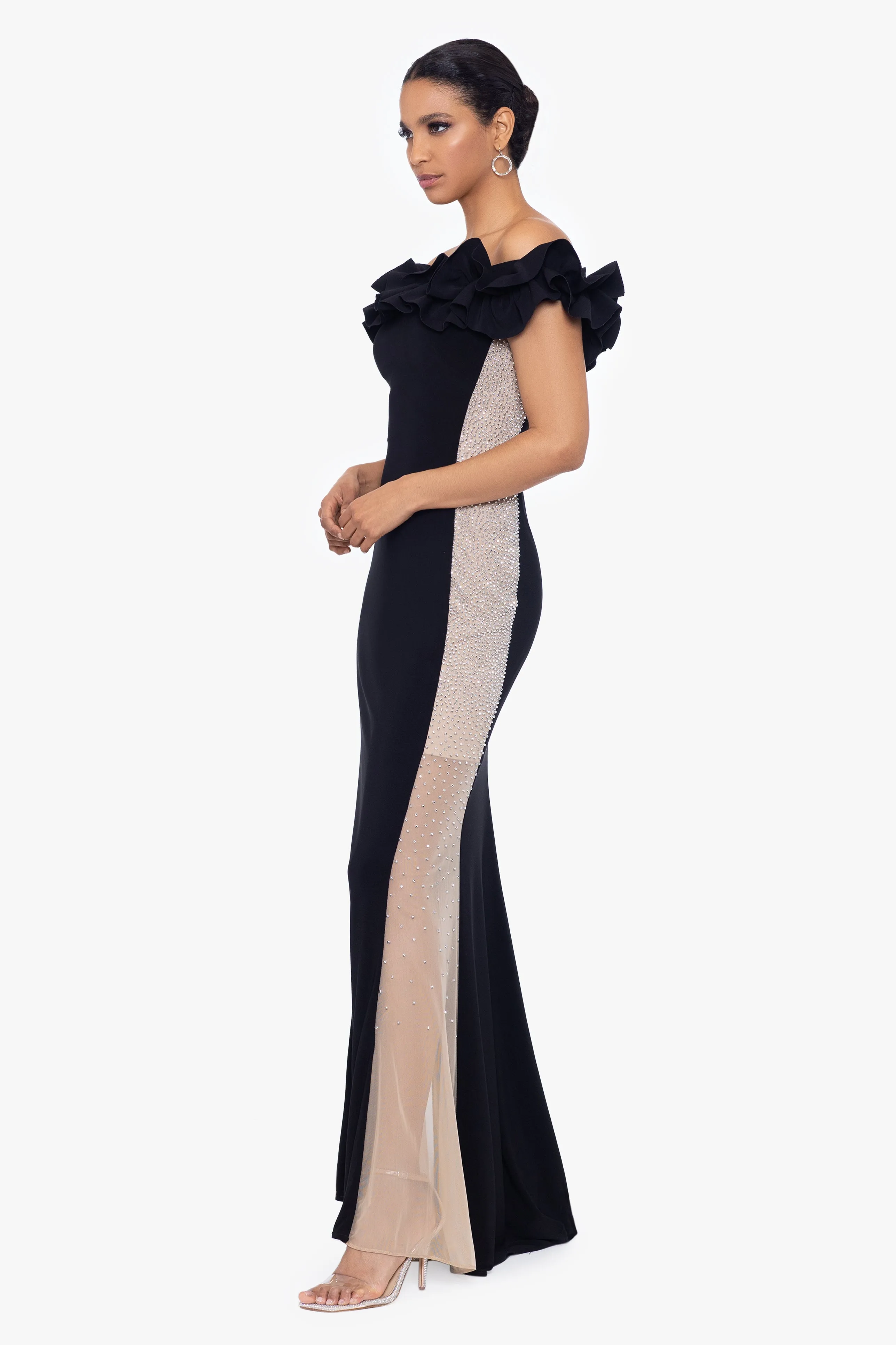 "Marianne" Long Jersey Knit Ruffle Dress with Mesh Panels sold by Xscape product image thumbnail 3