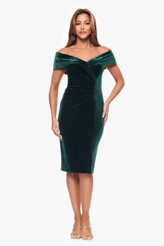 "Felicity" Knee Length Off the Shoulder Ruched Velvet Dress sold by Xscape