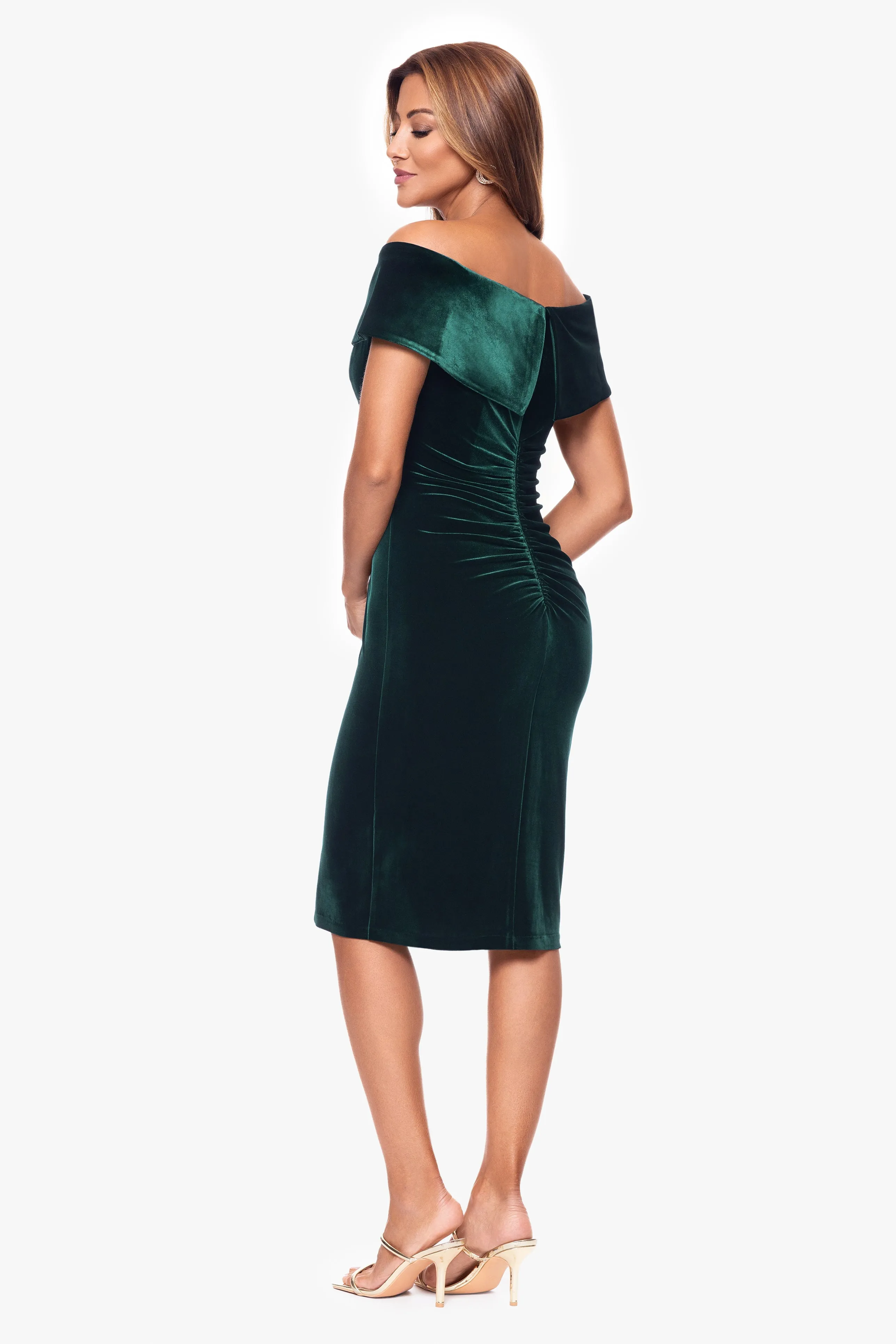 "Felicity" Knee Length Off the Shoulder Ruched Velvet Dress sold by Xscape product image thumbnail 2