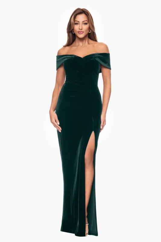 Petite "Charmaine" Long Off the Shoulder Velvet Gown sold by Xscape