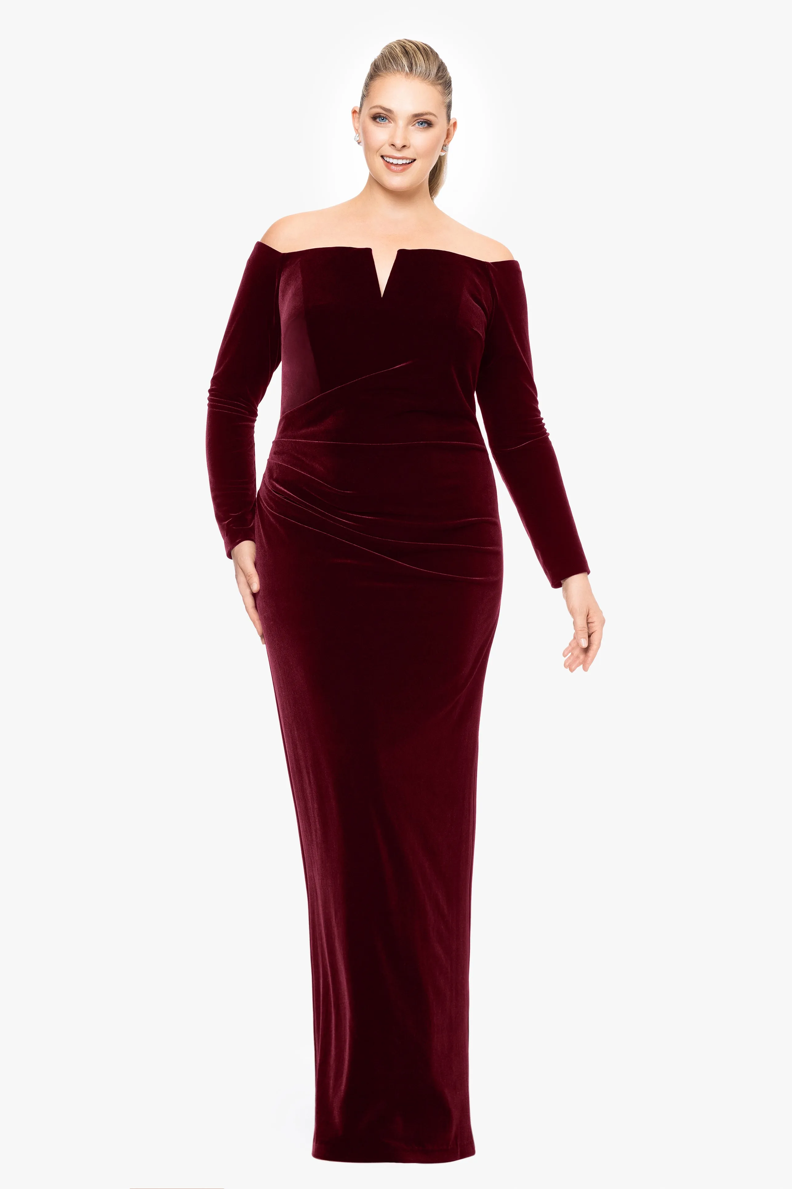 Plus "Christy" Long Off the Shoulder Velvet Dress sold by Xscape