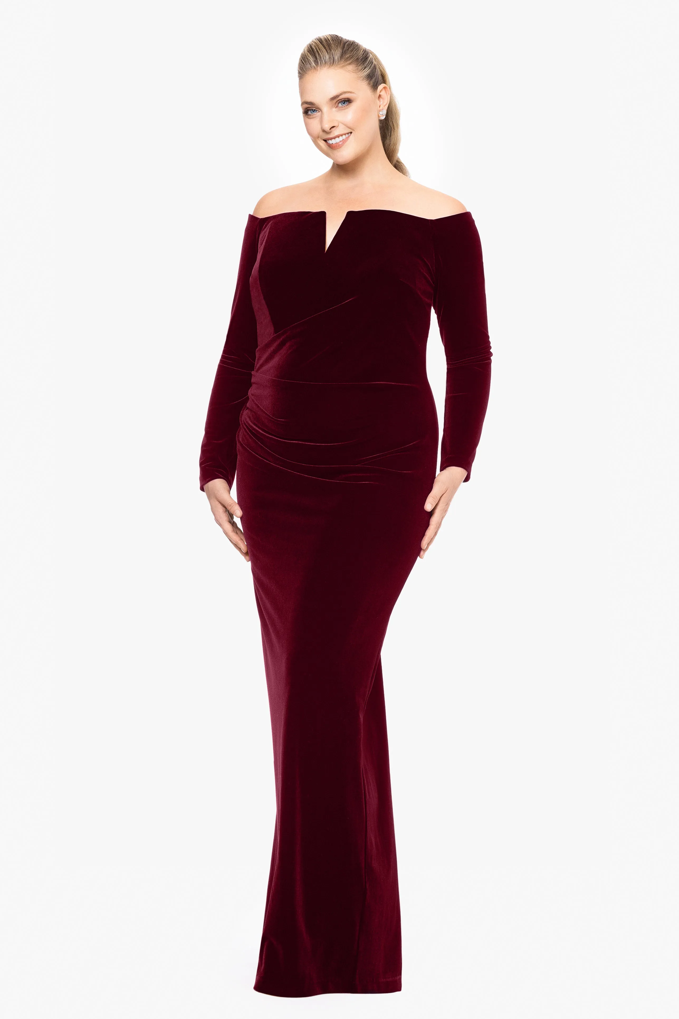 Plus "Christy" Long Off the Shoulder Velvet Dress sold by Xscape product image thumbnail 3