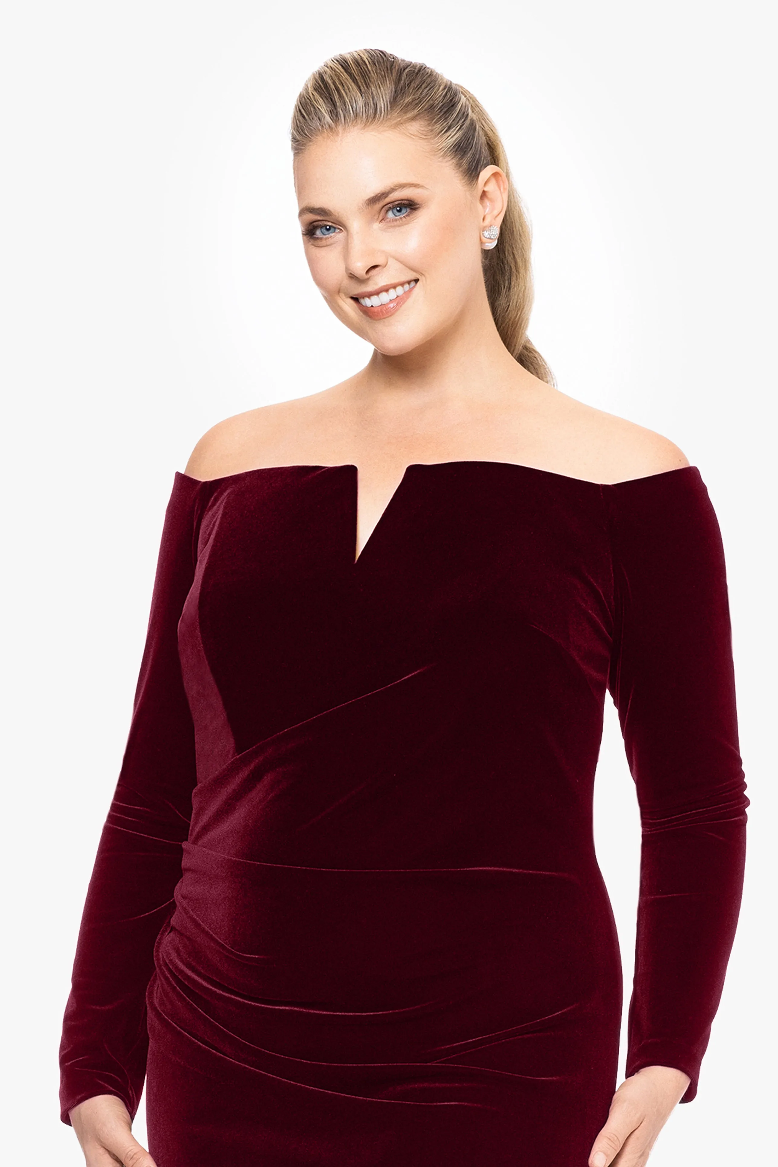 Plus "Christy" Long Off the Shoulder Velvet Dress sold by Xscape product image thumbnail 4