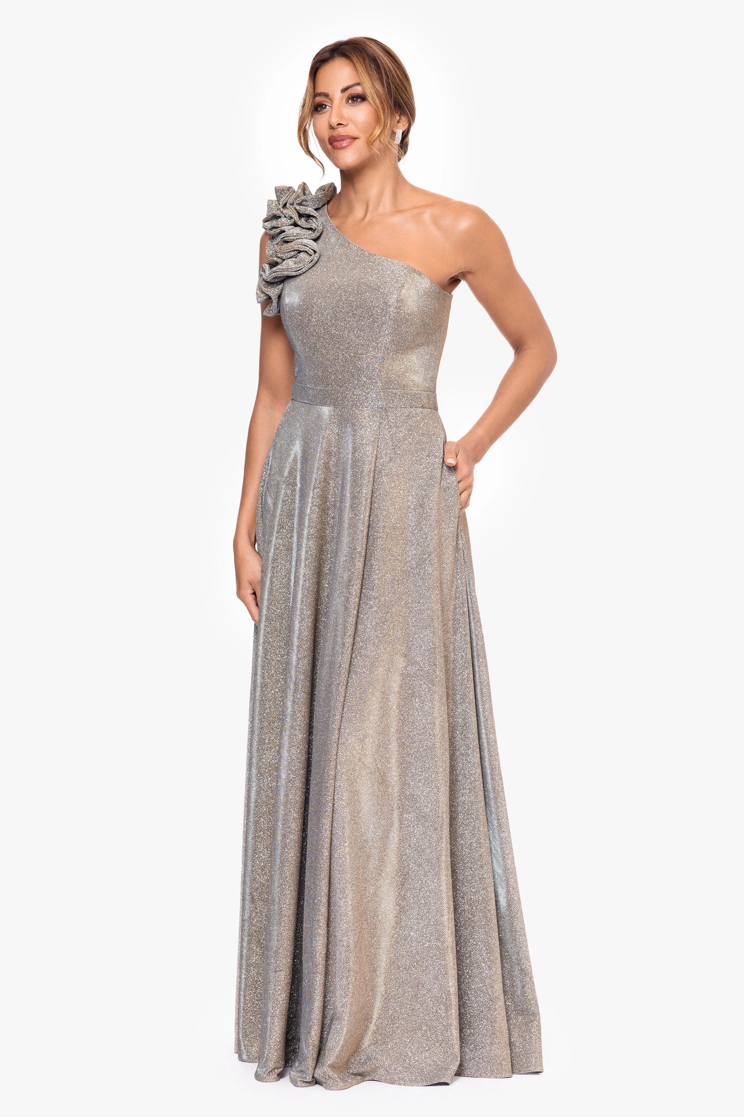 "Havannah" One Shoulder Ruffle Glitter Gown sold by Xscape