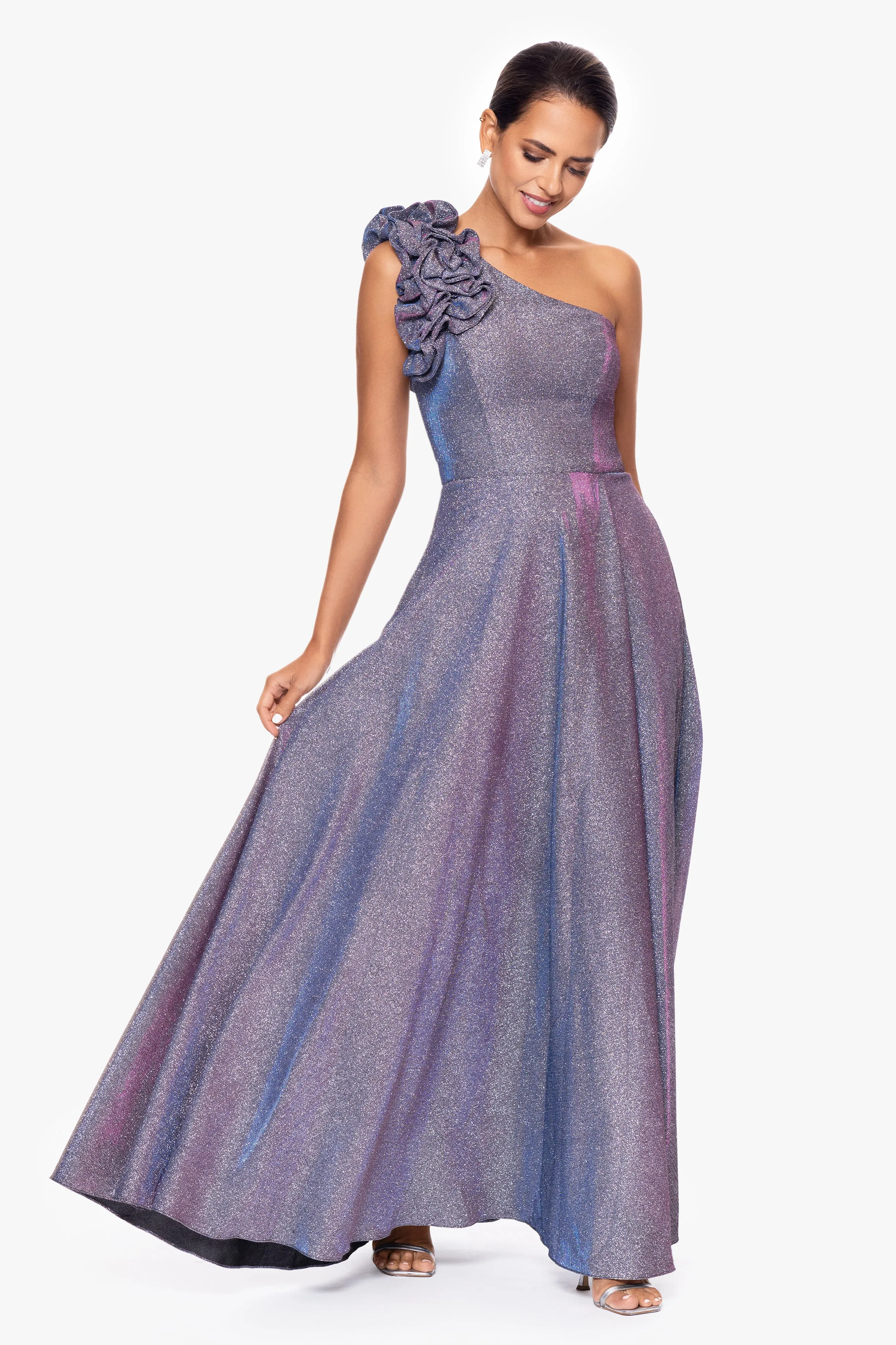 "Havannah" One Shoulder Ruffle Glitter Gown sold by Xscape product image thumbnail 3