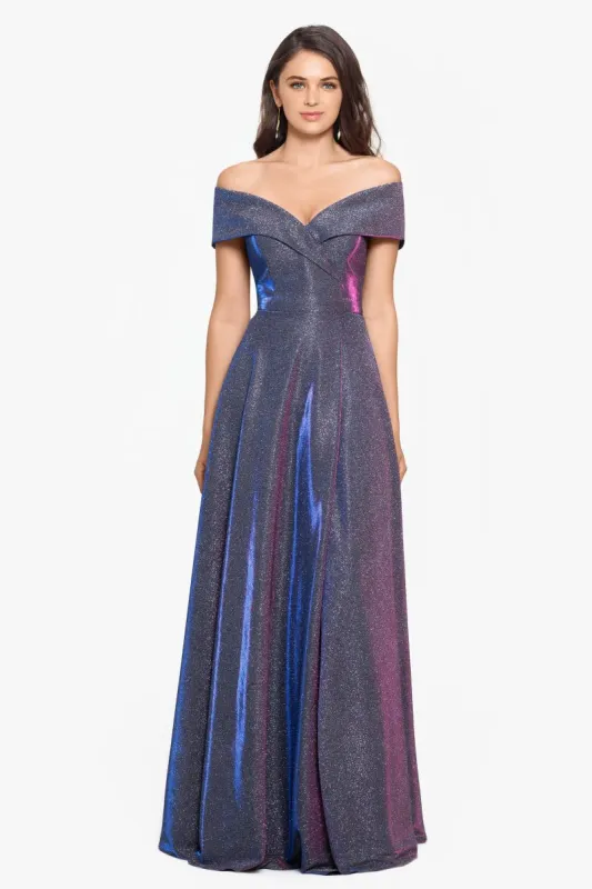 "Willow" Off the Shoulder Glitter Knit Gown sold by Xscape