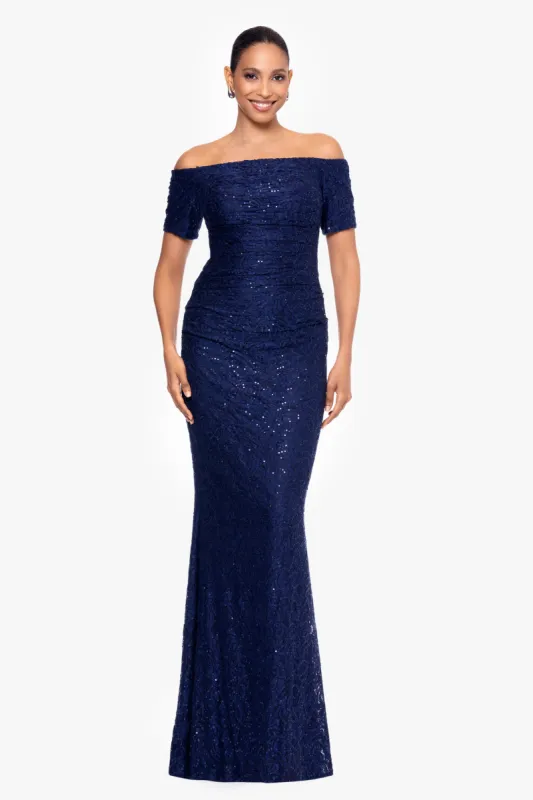 "Ara" Long Sequin Lace Off the Shoulder 3/4 Sleeve sold by Xscape