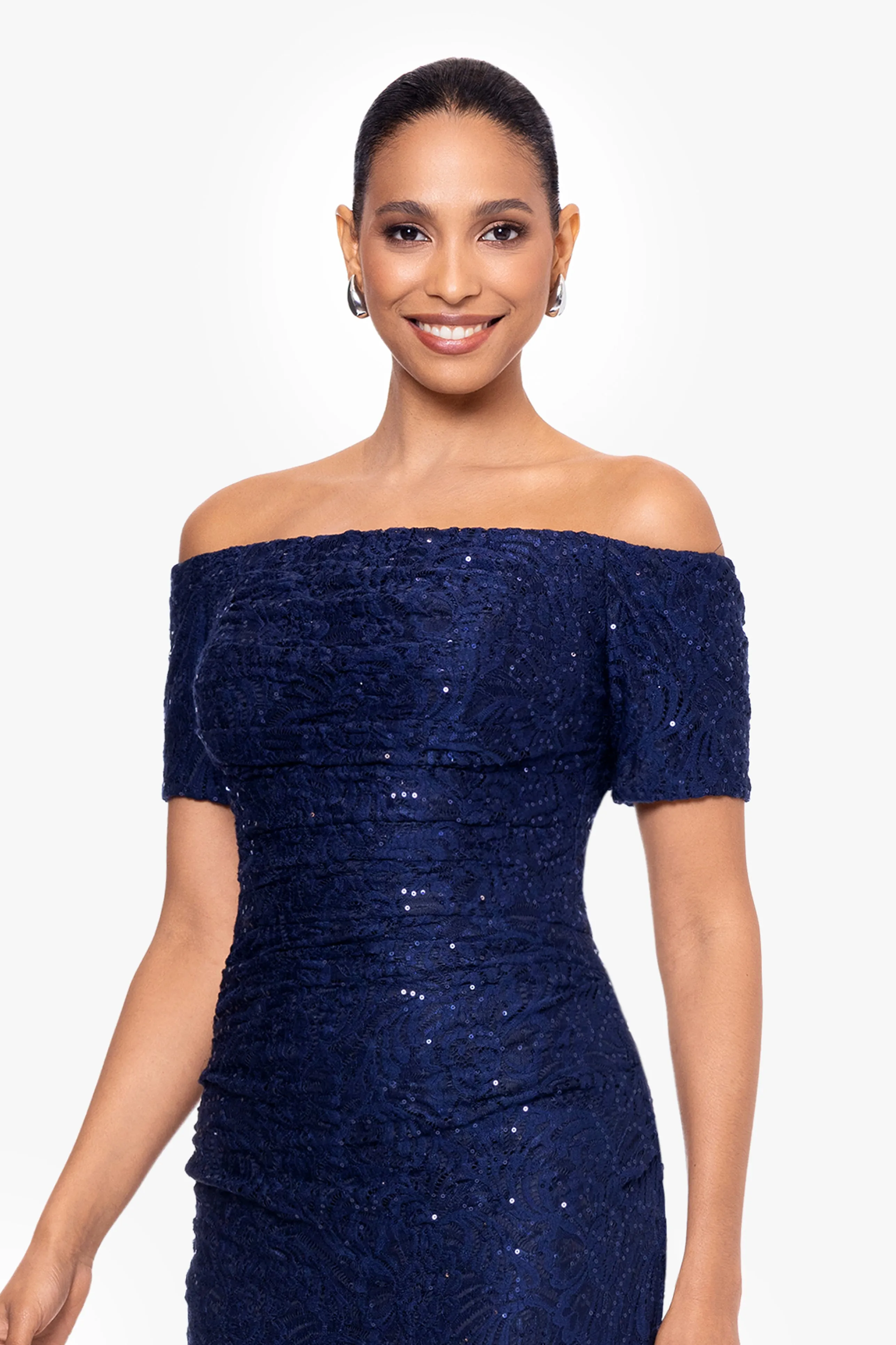 "Ara" Long Sequin Lace Off the Shoulder 3/4 Sleeve sold by Xscape product image thumbnail 4