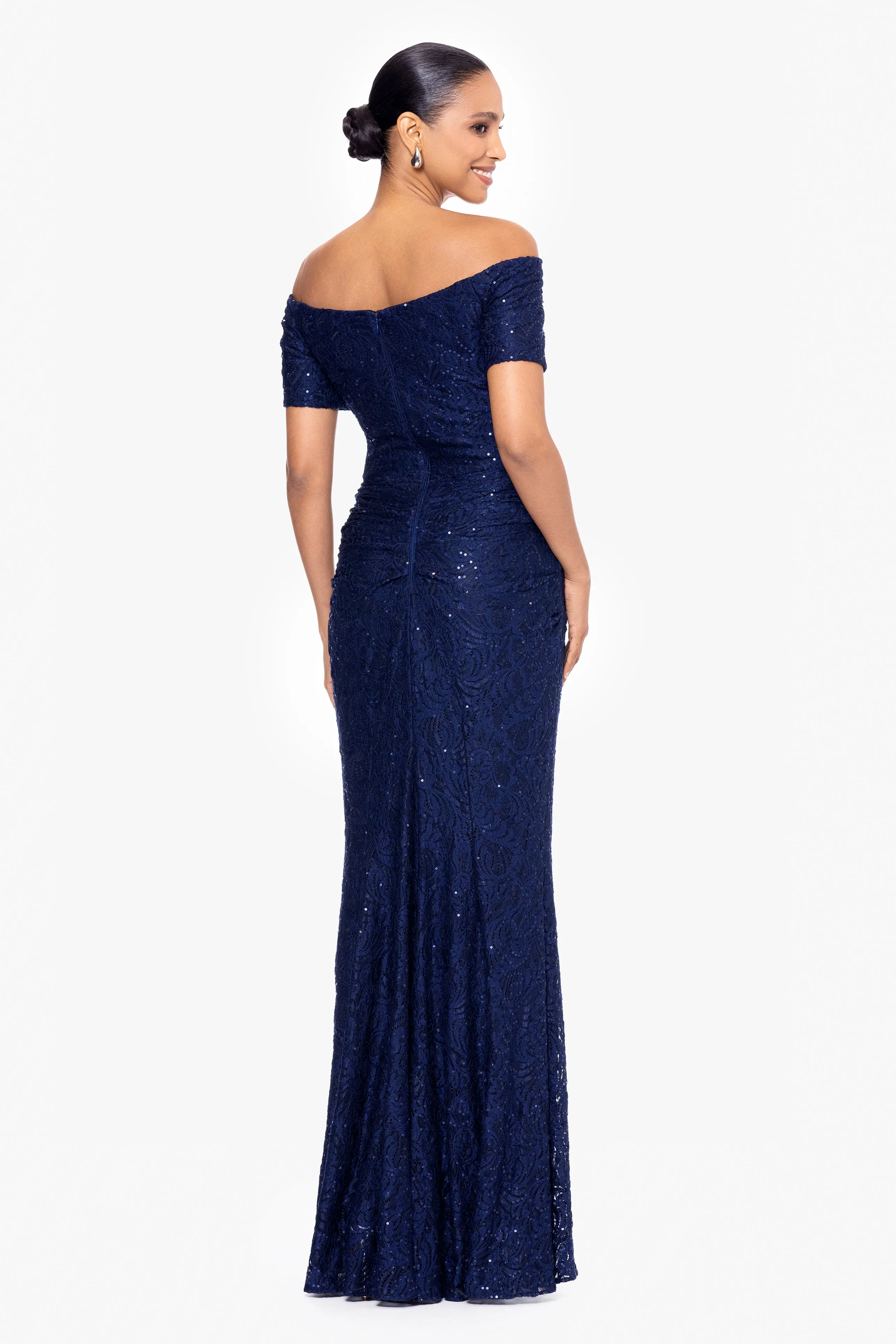 "Ara" Long Sequin Lace Off the Shoulder 3/4 Sleeve sold by Xscape product image thumbnail 2