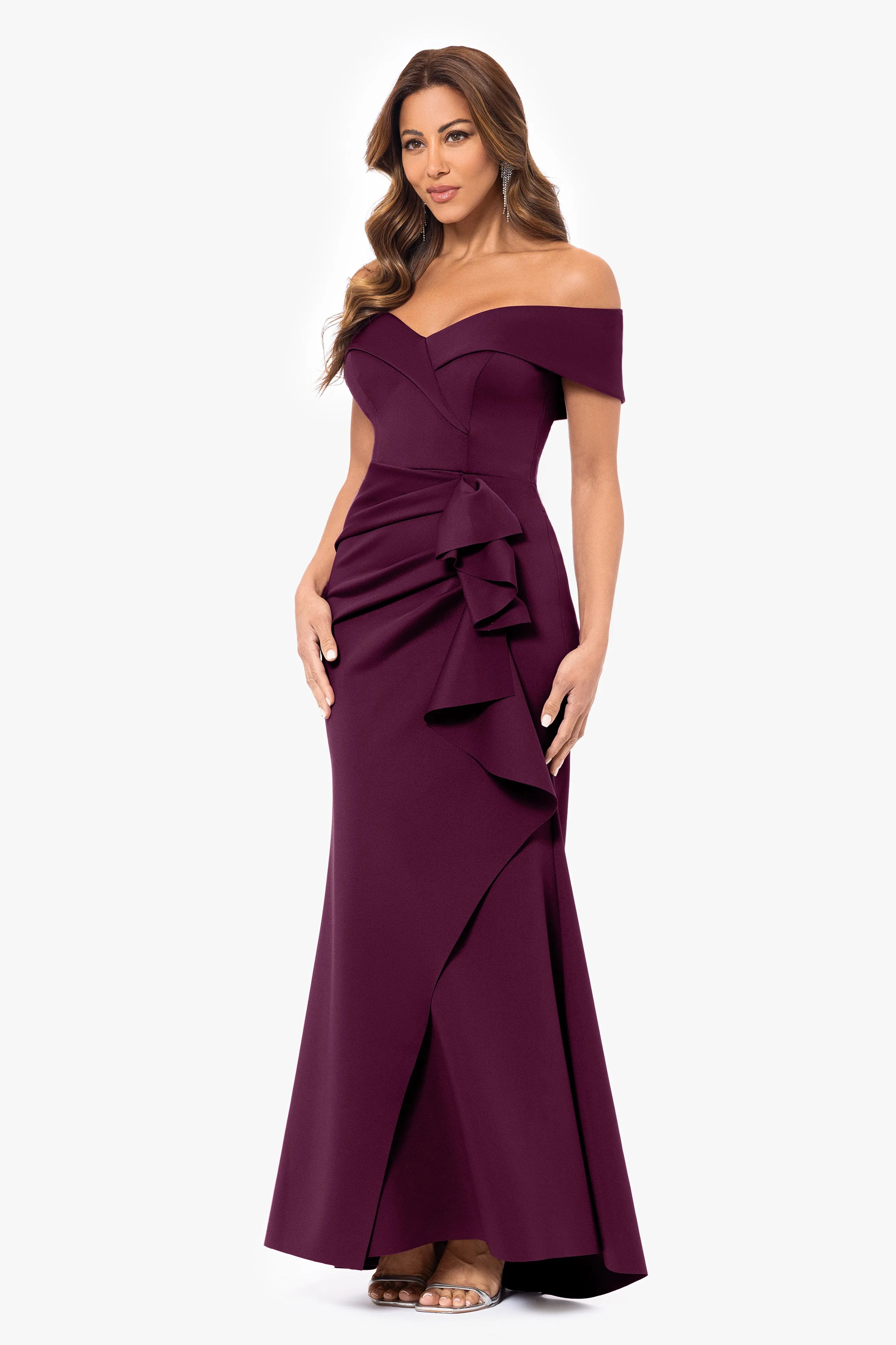 "Patti" Long Off the Shoulder Scuba Crepe Dress sold by Xscape