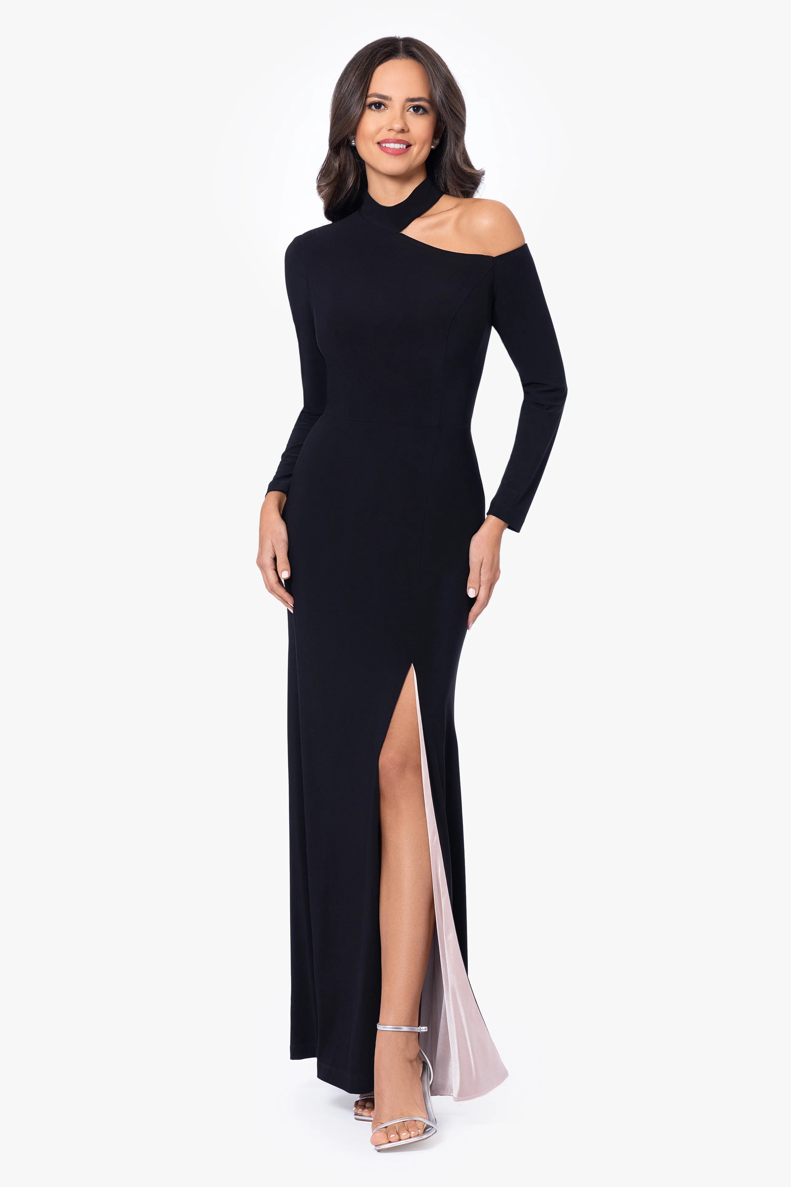 Petite "Aletta" Jersey Knit Long Sleeve One Shoulder Cut Out Long Dress sold by Xscape product image thumbnail 3