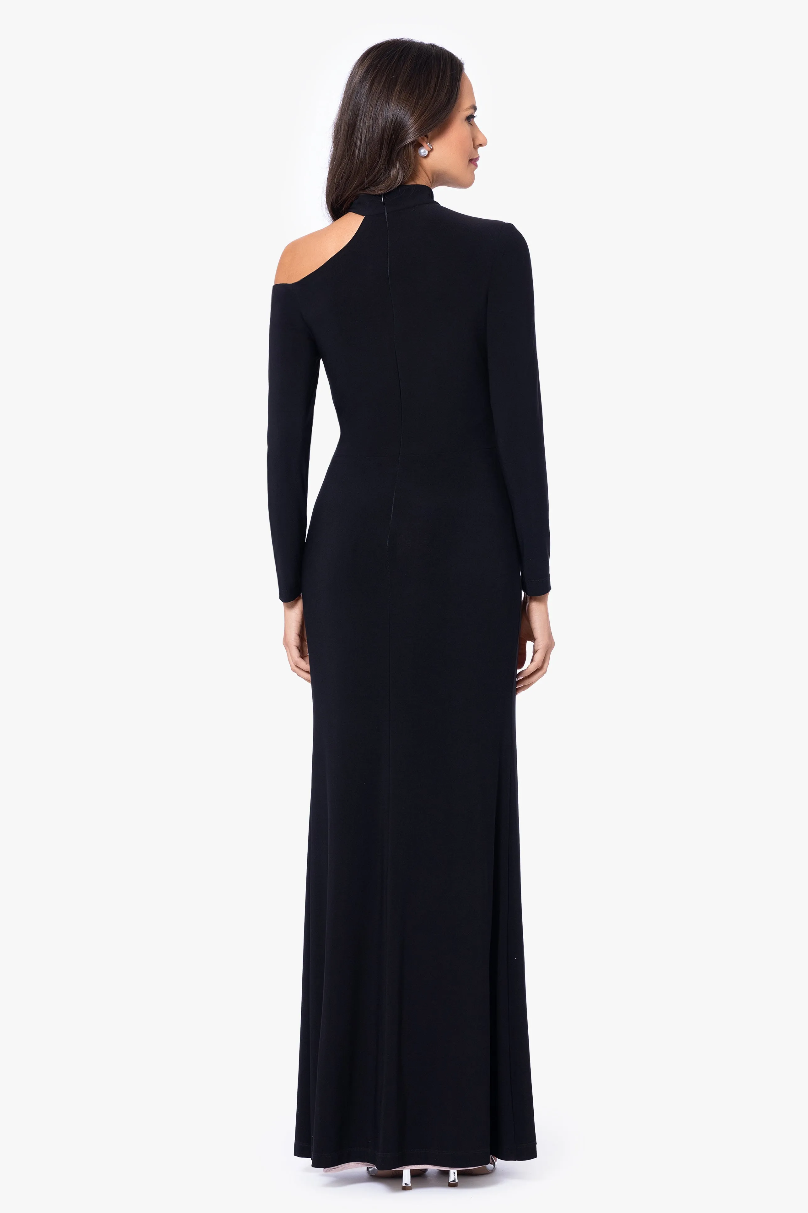 Petite "Aletta" Jersey Knit Long Sleeve One Shoulder Cut Out Long Dress sold by Xscape product image thumbnail 2
