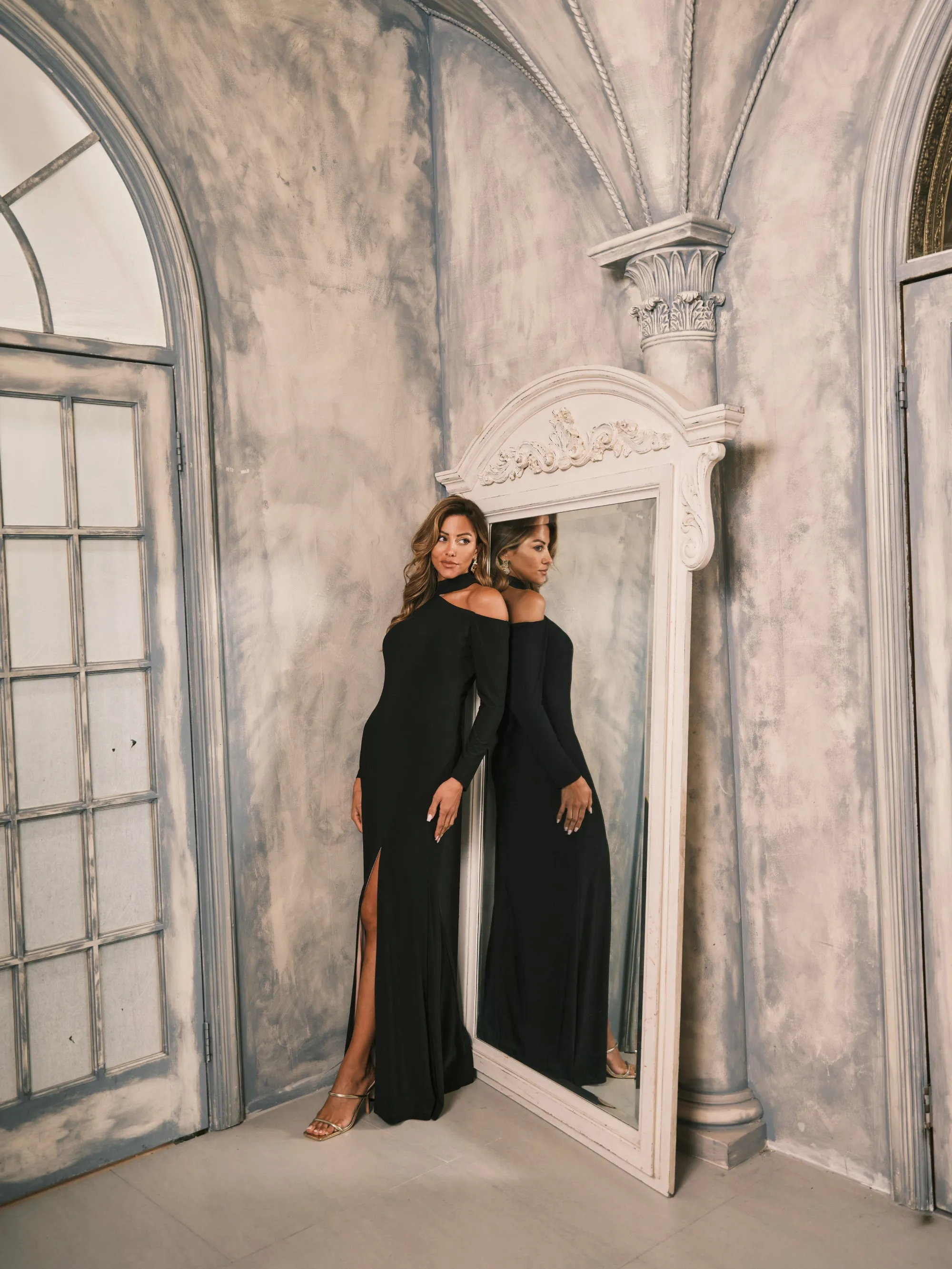 Petite "Aletta" Jersey Knit Long Sleeve One Shoulder Cut Out Long Dress sold by Xscape product image thumbnail 5